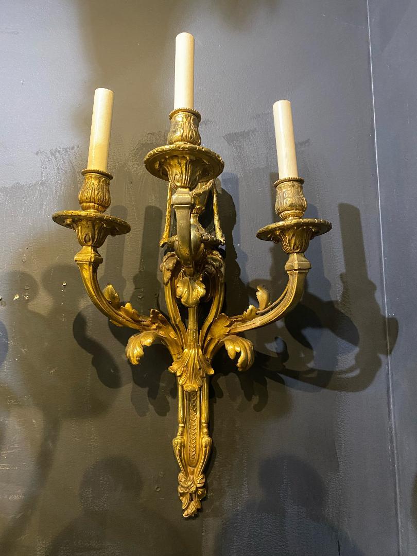 A pair of beautiful large gilt bronze sconces with acanthus leaves design