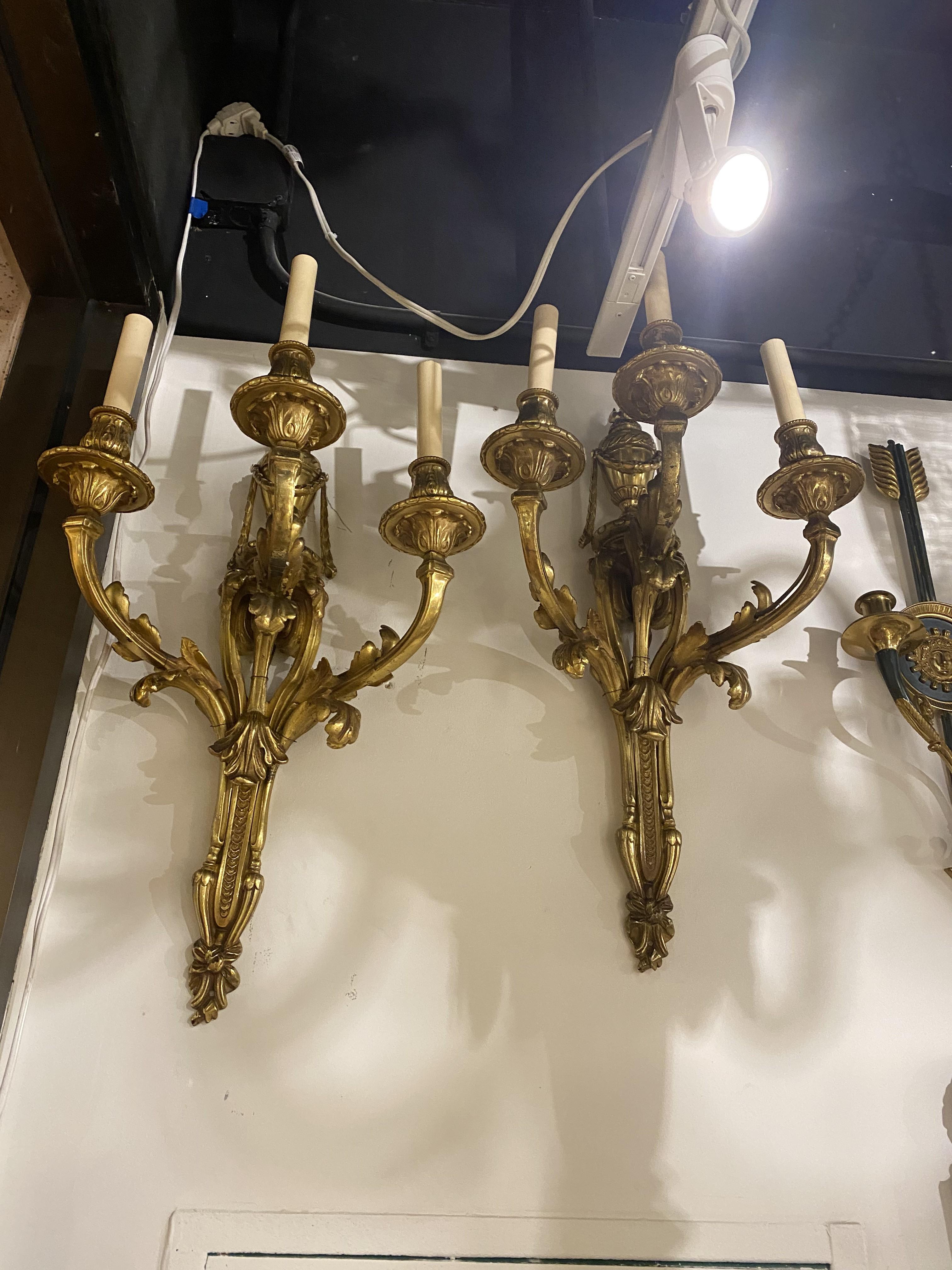 Louis XVI 1920's Large Caldwell Bronze Sconces with Three Lights For Sale