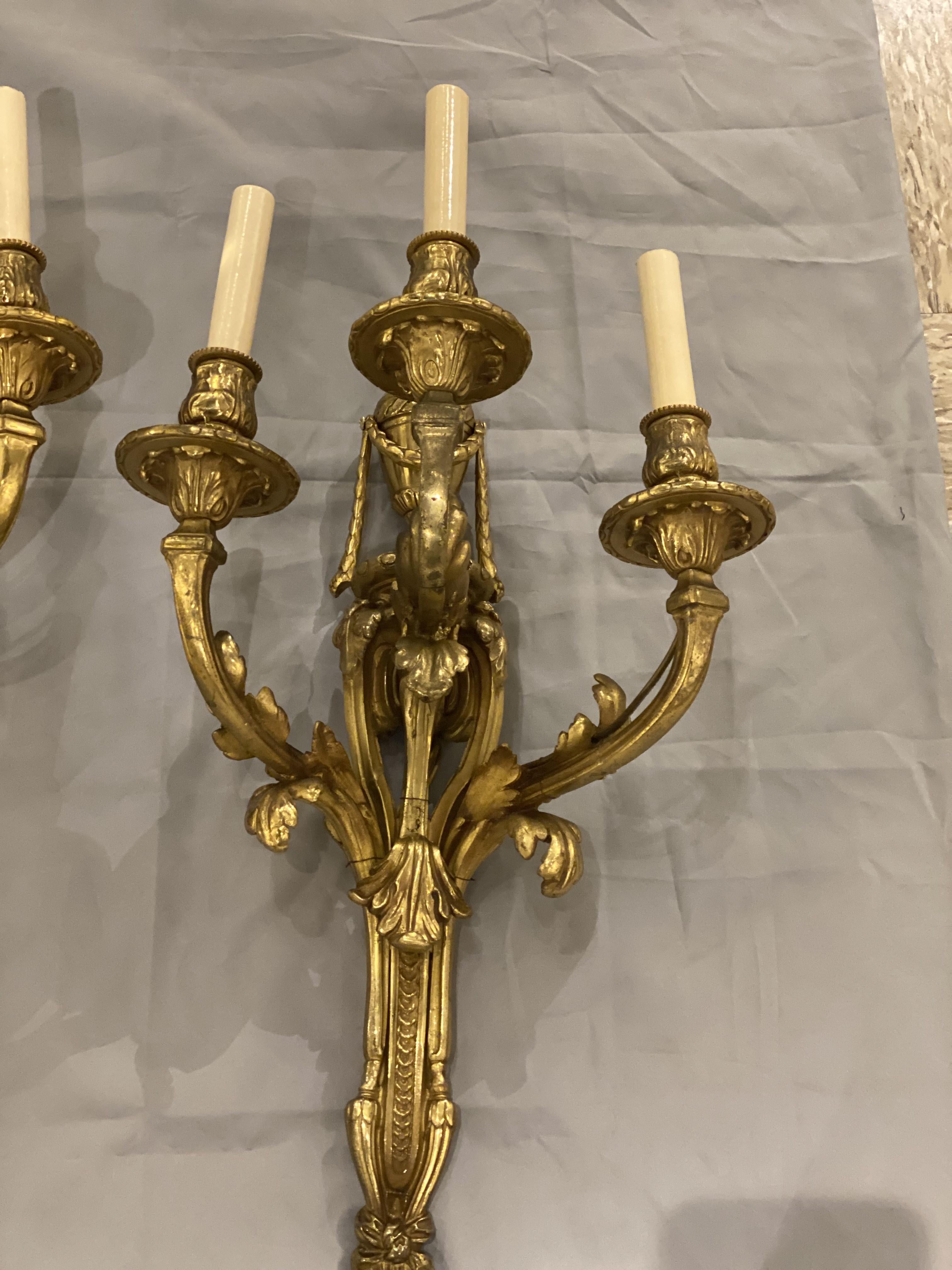 Louis XVI 1920's Large Caldwell Bronze Sconces with Three Lights For Sale