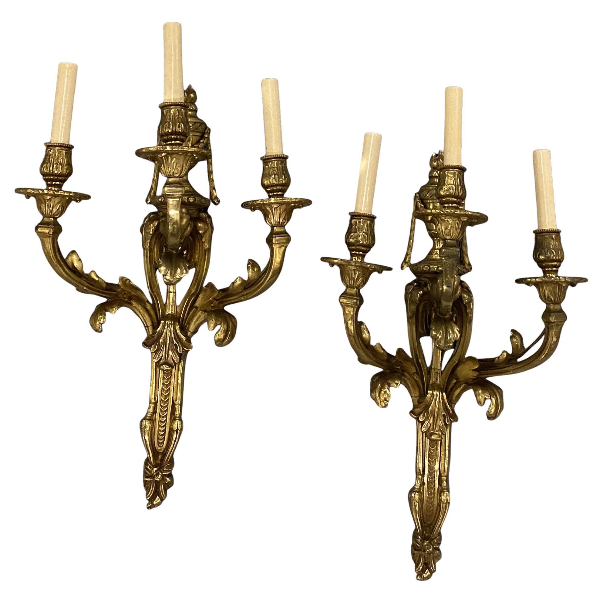 1920's Large Caldwell Bronze Sconces with Three Lights For Sale