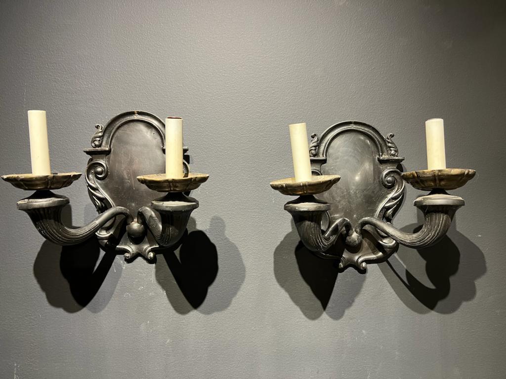 American Classical 1920's Caldwell Bronze Patineted Black Sconces For Sale