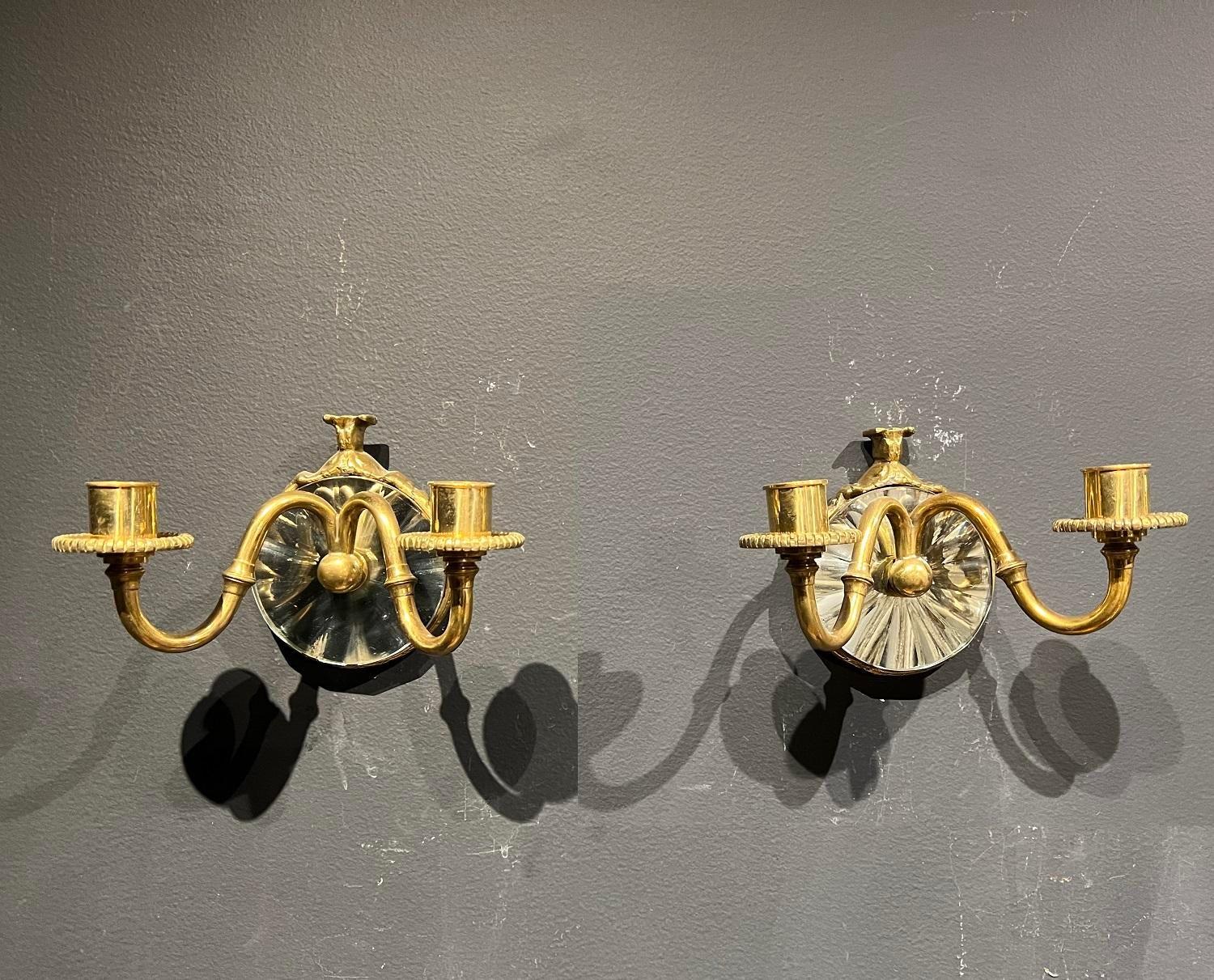 Gilt 1920's Caldwell Small Mirror Sconces with 2 lights For Sale