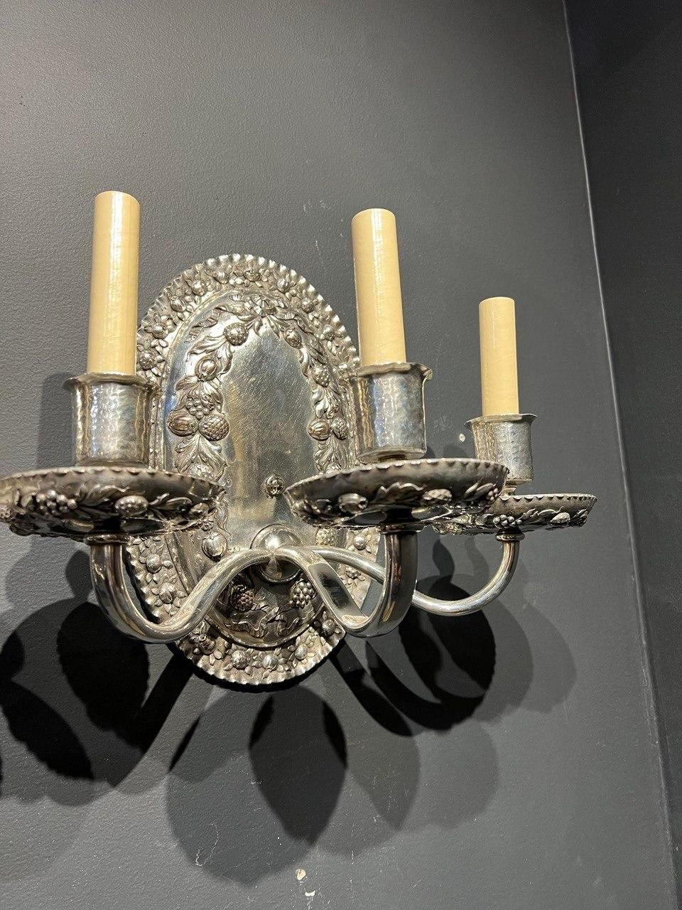 American Classical Pair of 1920's Caldwell Silver Plated 3 Lights Sconces For Sale