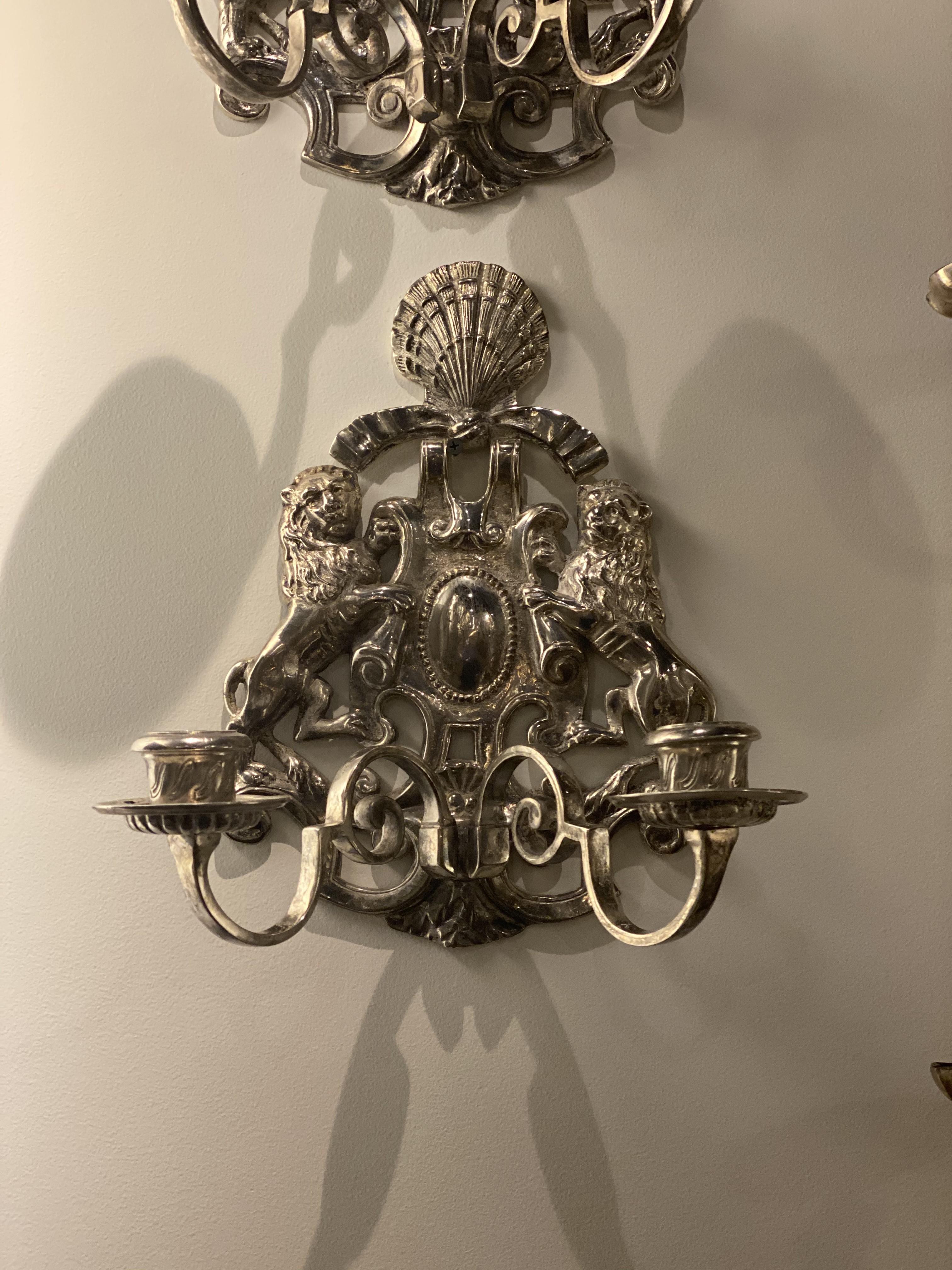 Silvered 1920's Caldwell Silver Plated Sconces with Lions  For Sale