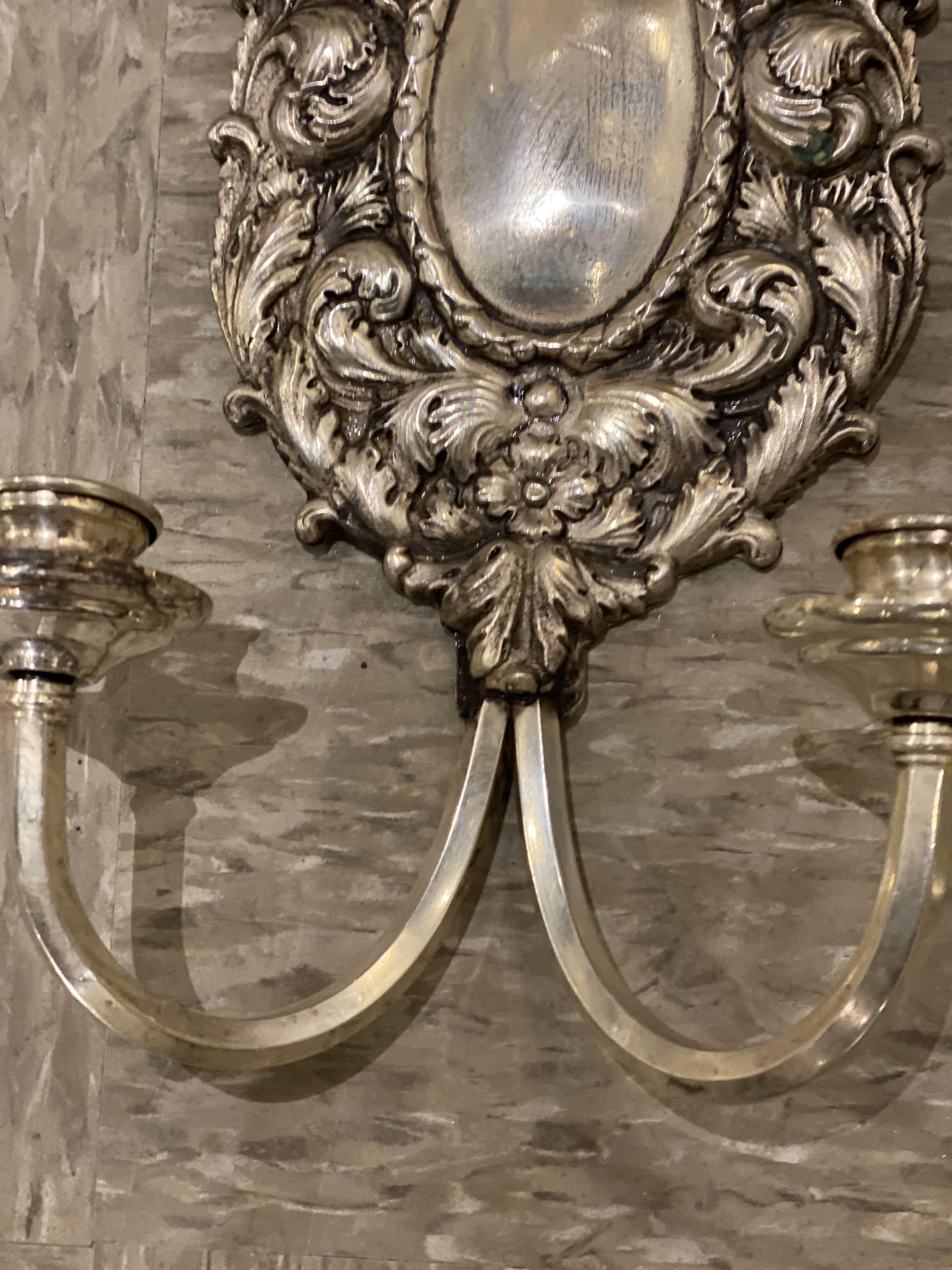 Baroque 1920's Caldwell Silver Plated Sconces with Waves design For Sale
