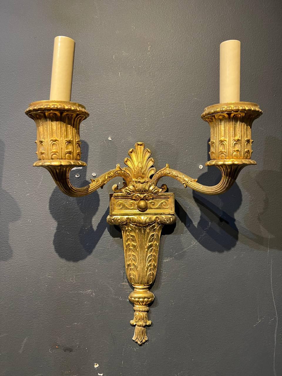 Gilt 1920's Caldwell American Classical Double Light Sconces For Sale