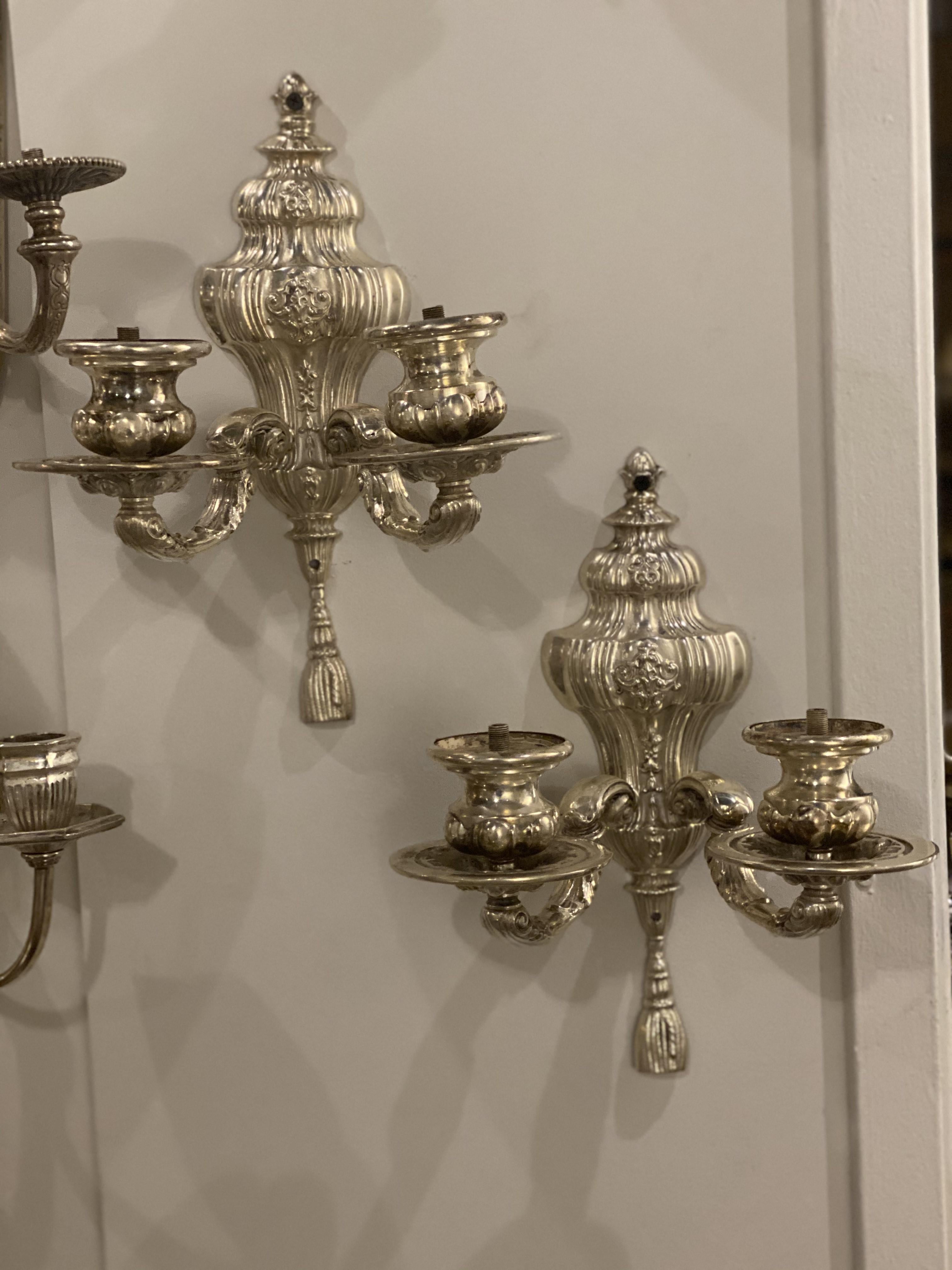 American Classical 1920's Caldwell Silver Plated Engraved Sconces For Sale
