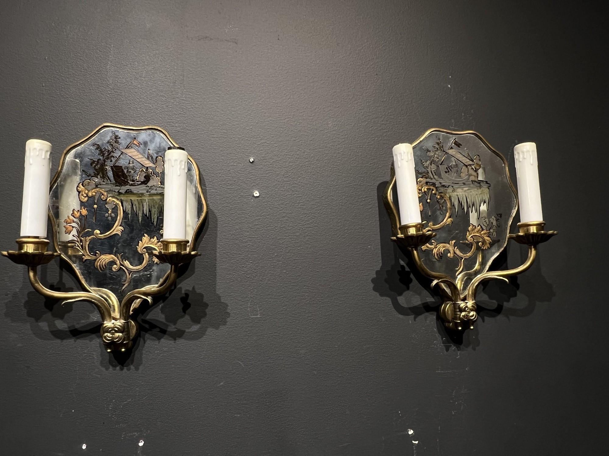 American Classical 1920's Caldwell Bronze Sconces with Reverse Painted Mirror For Sale