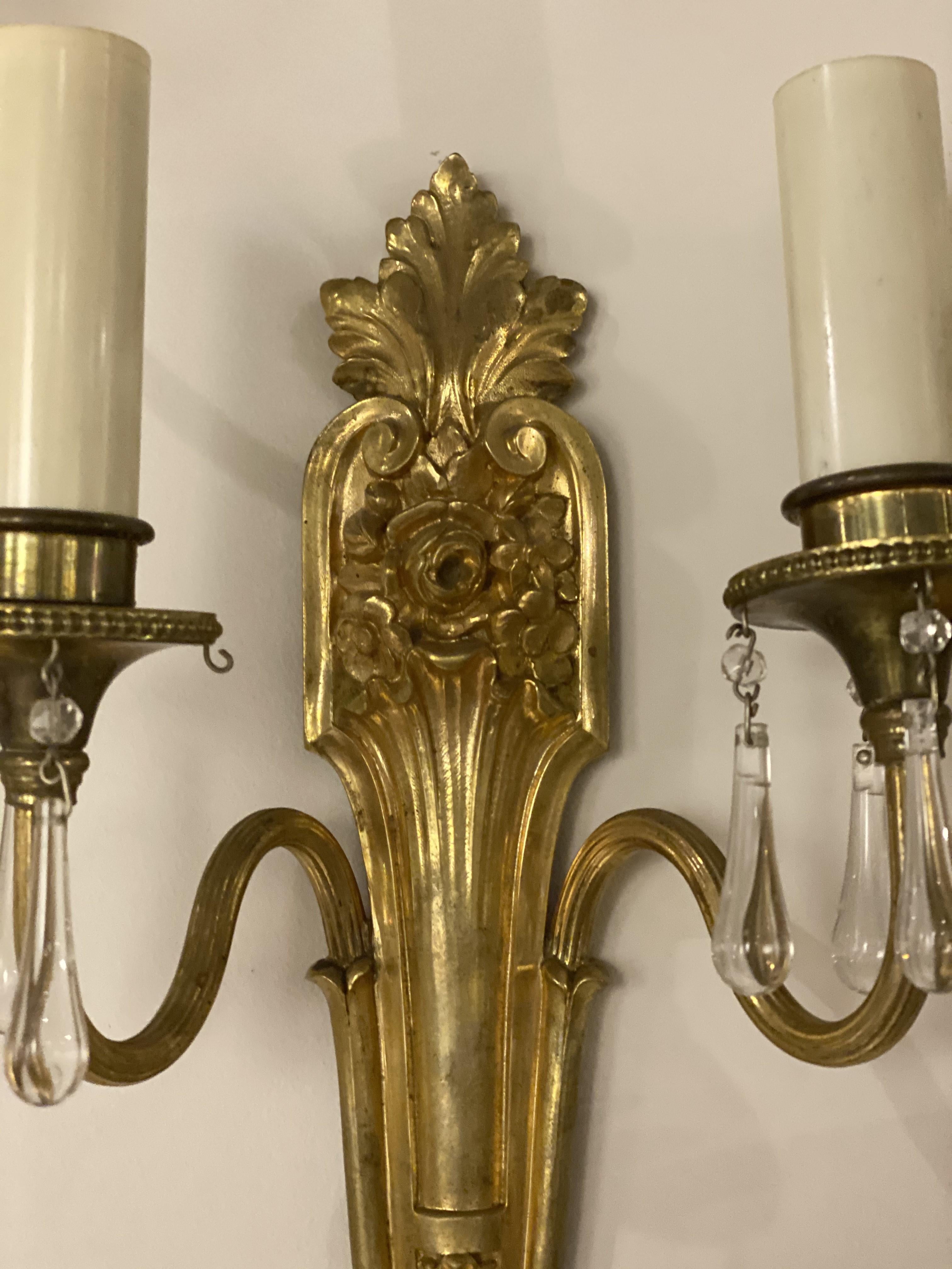 Louis XV 1920's Caldwell Double Lights Sconces with Hanging Crystals For Sale