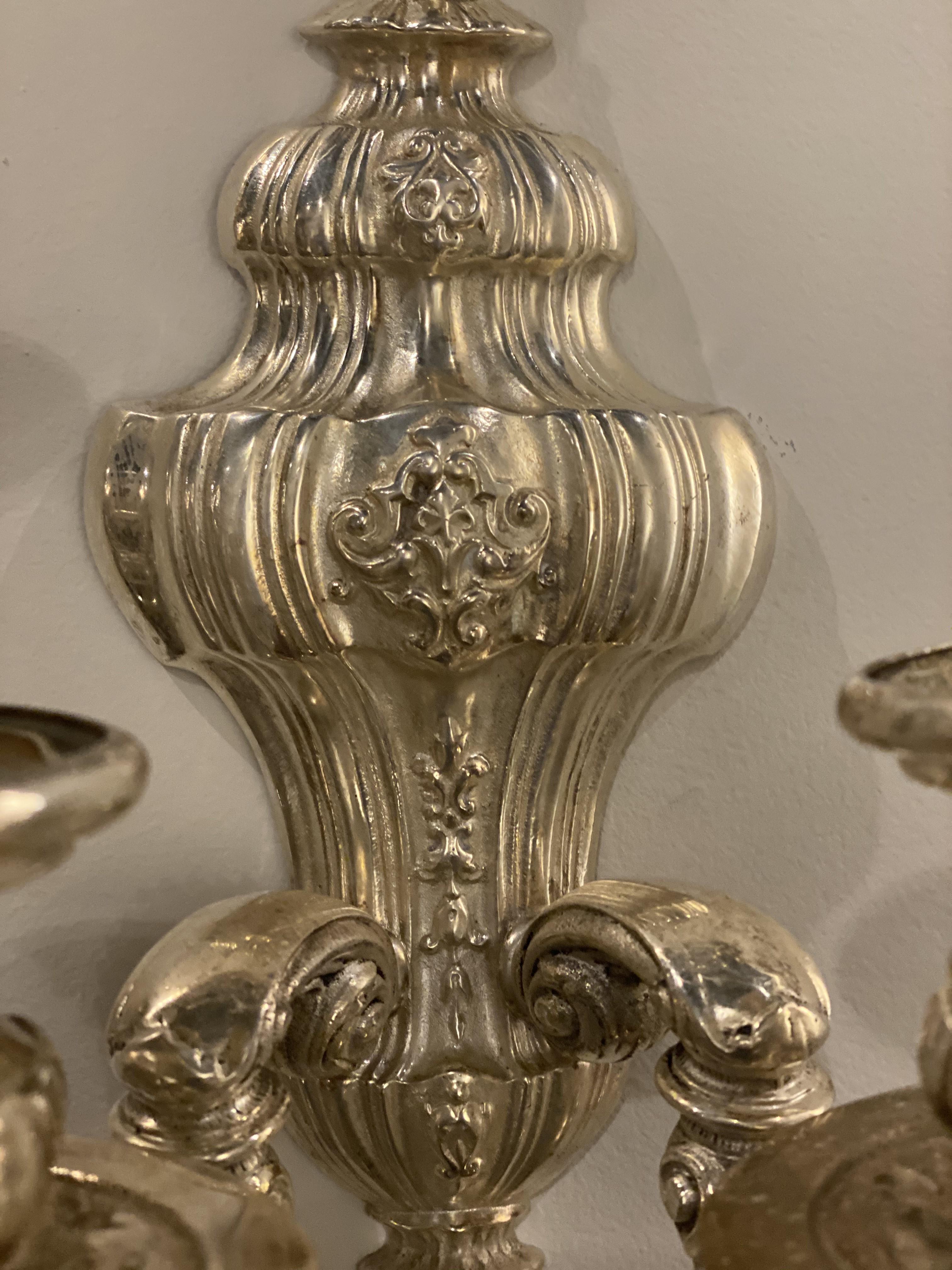 American 1920's Caldwell Silver Plated Engraved Sconces For Sale
