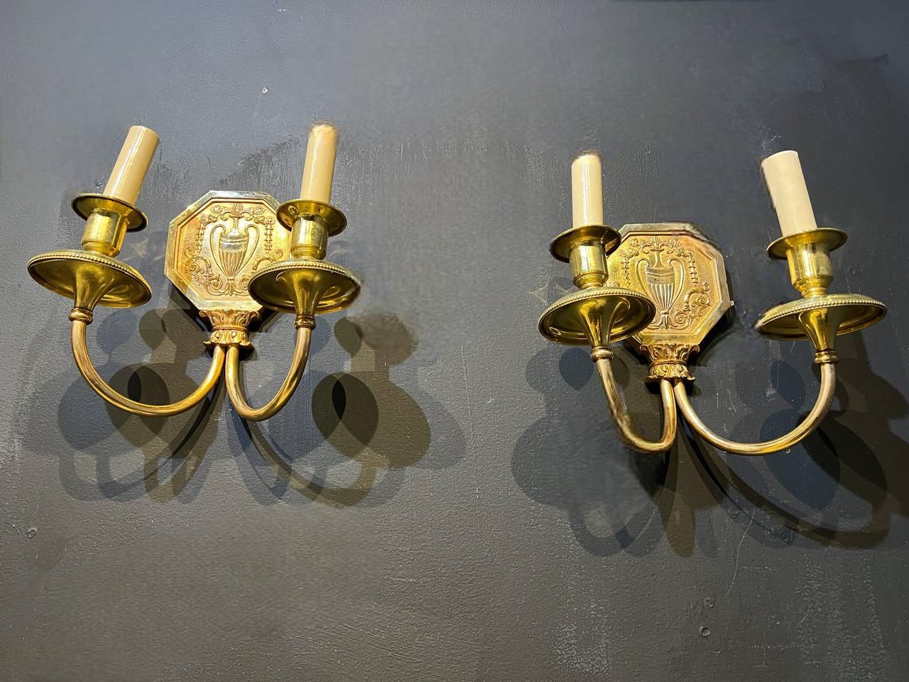 American 1920's Caldwell Gilt Bronze 2 Lights  Neoclassic Sconces For Sale