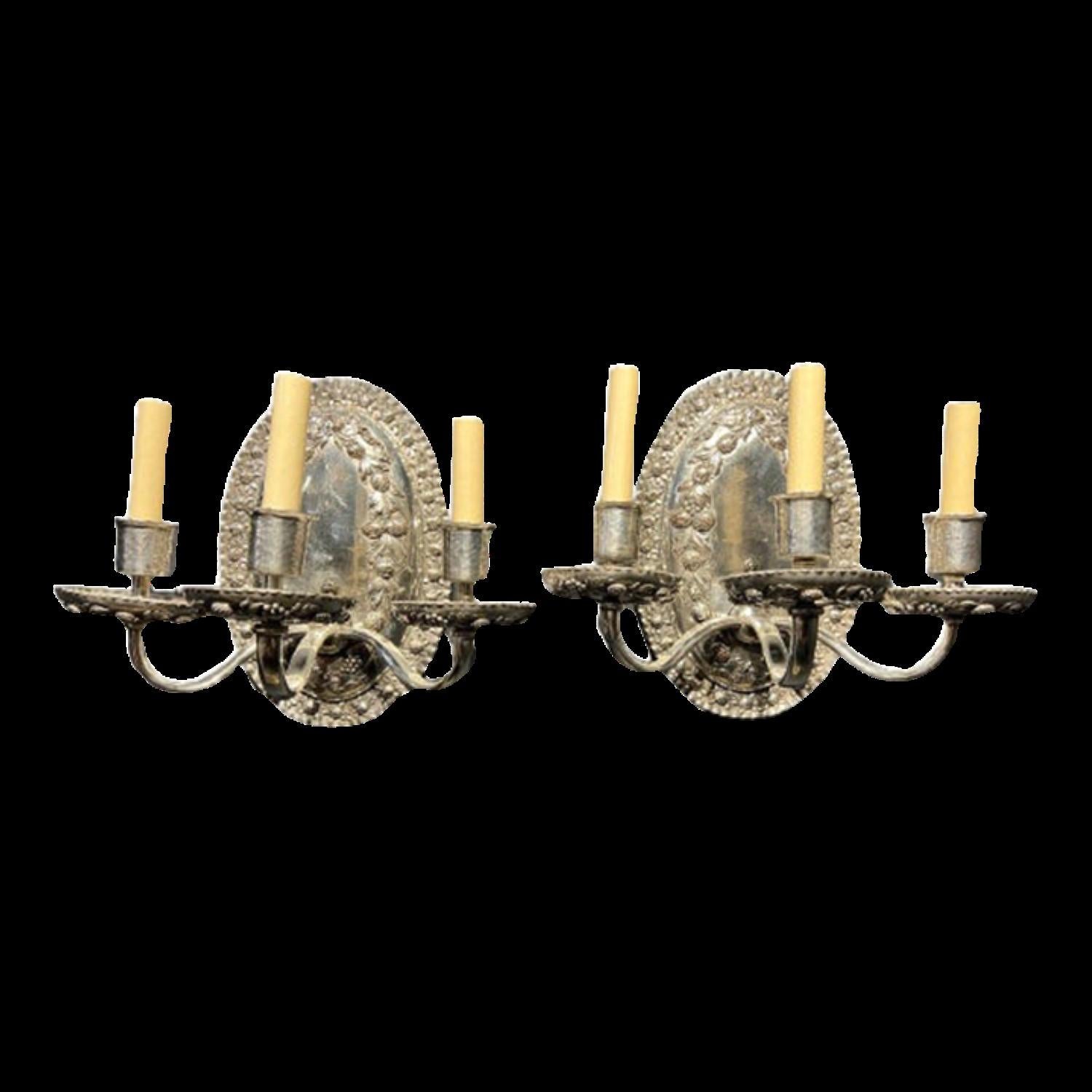 Silvered Pair of 1920's Caldwell Silver Plated 3 Lights Sconces For Sale
