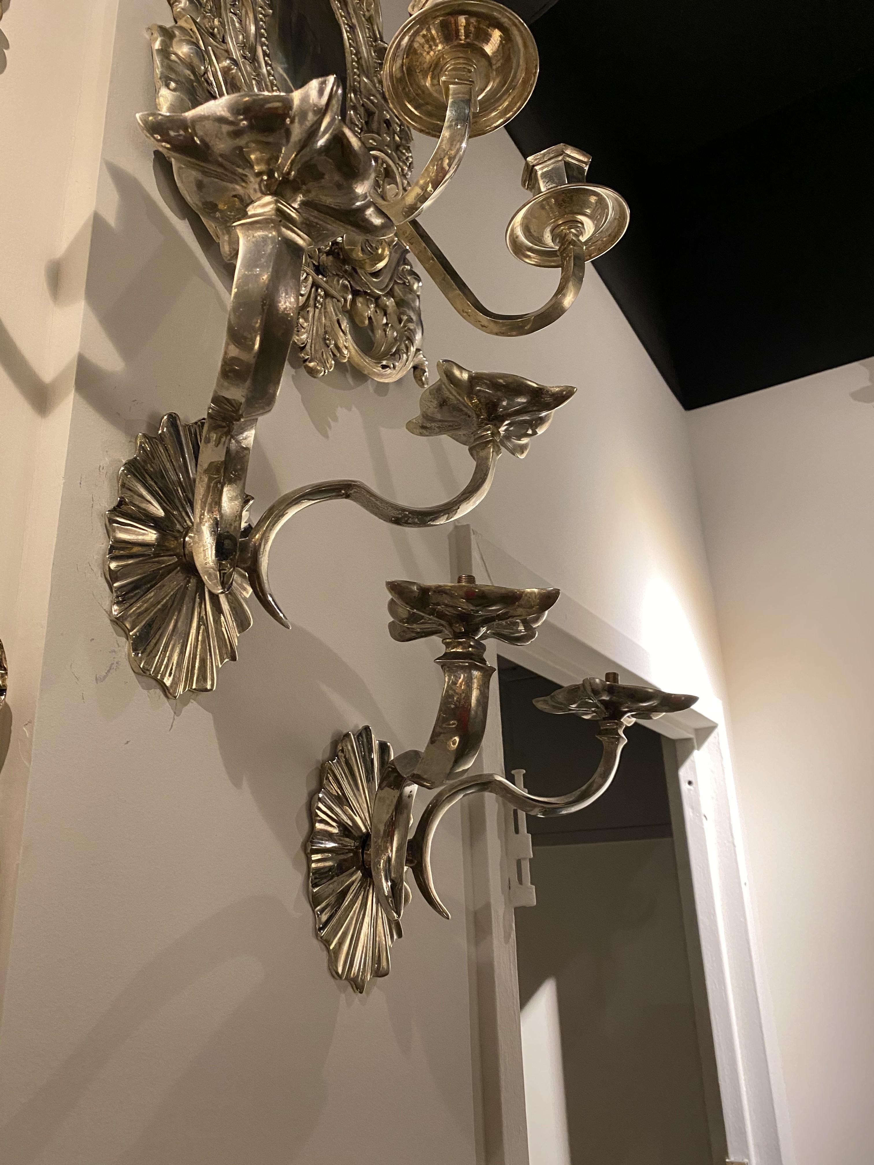 Silvered 1920's Caldwell Silver Plated Sconces with Two Lights For Sale