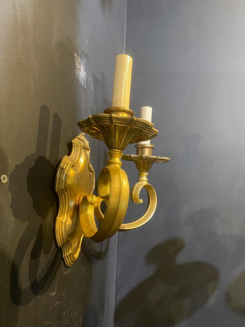 Gilt 1920's Caldwell Sconces with Scrolled Arms  For Sale