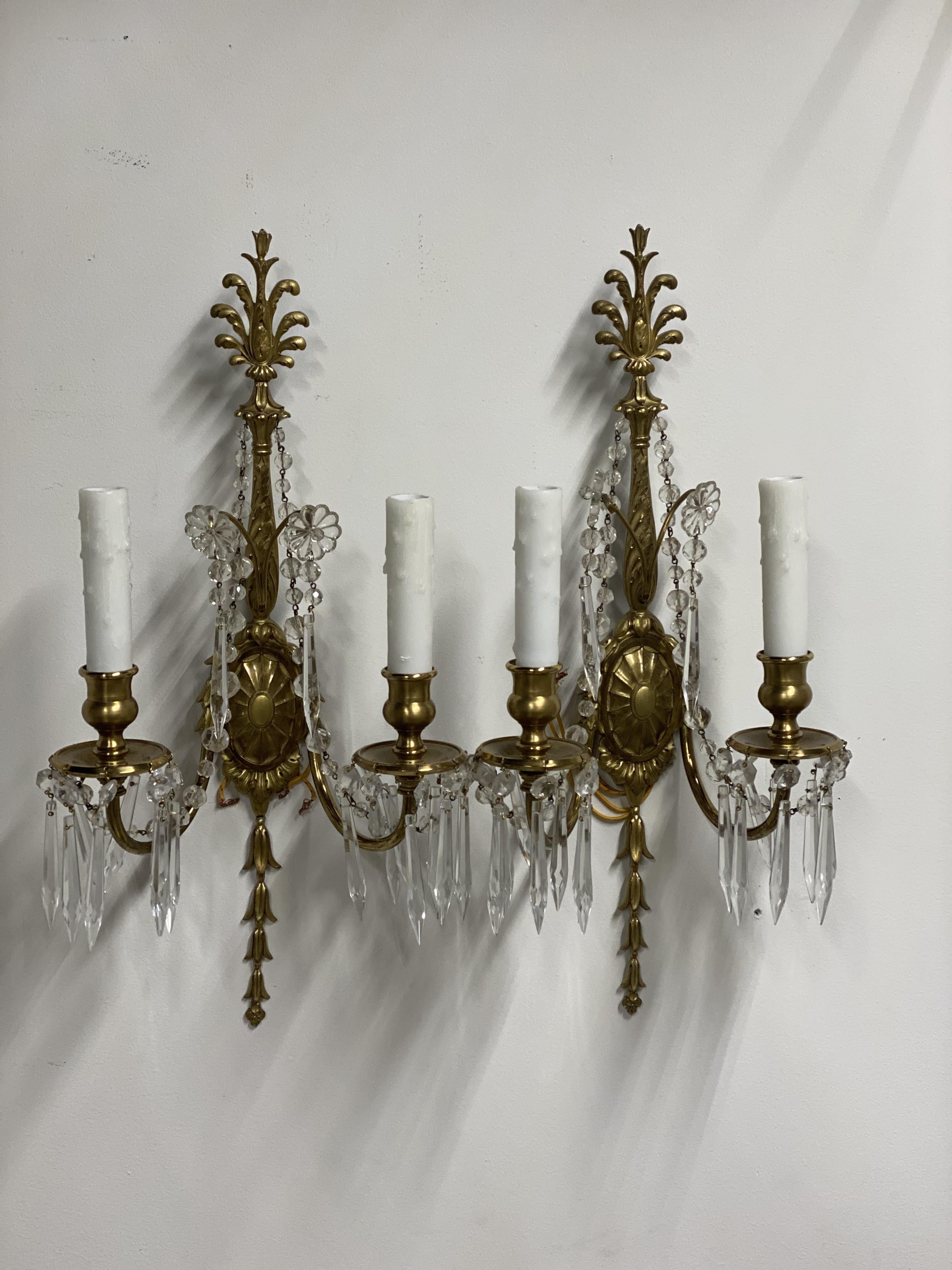 American 1920's Caldwell Gilt Bronze Sconces with Crystal Hangings For Sale