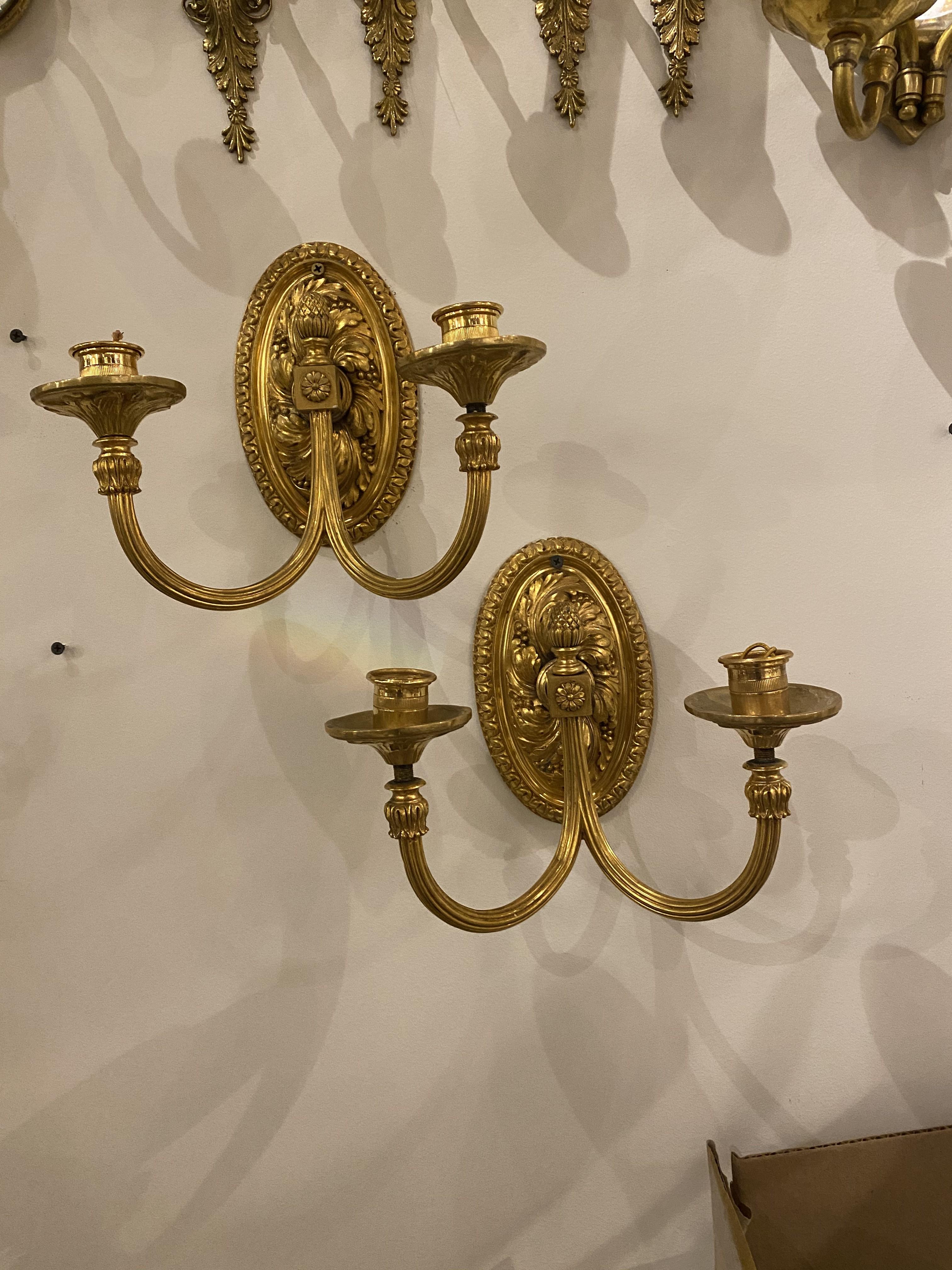 American 1920's Caldwell Gilt Bronze Double Lights Sconces For Sale