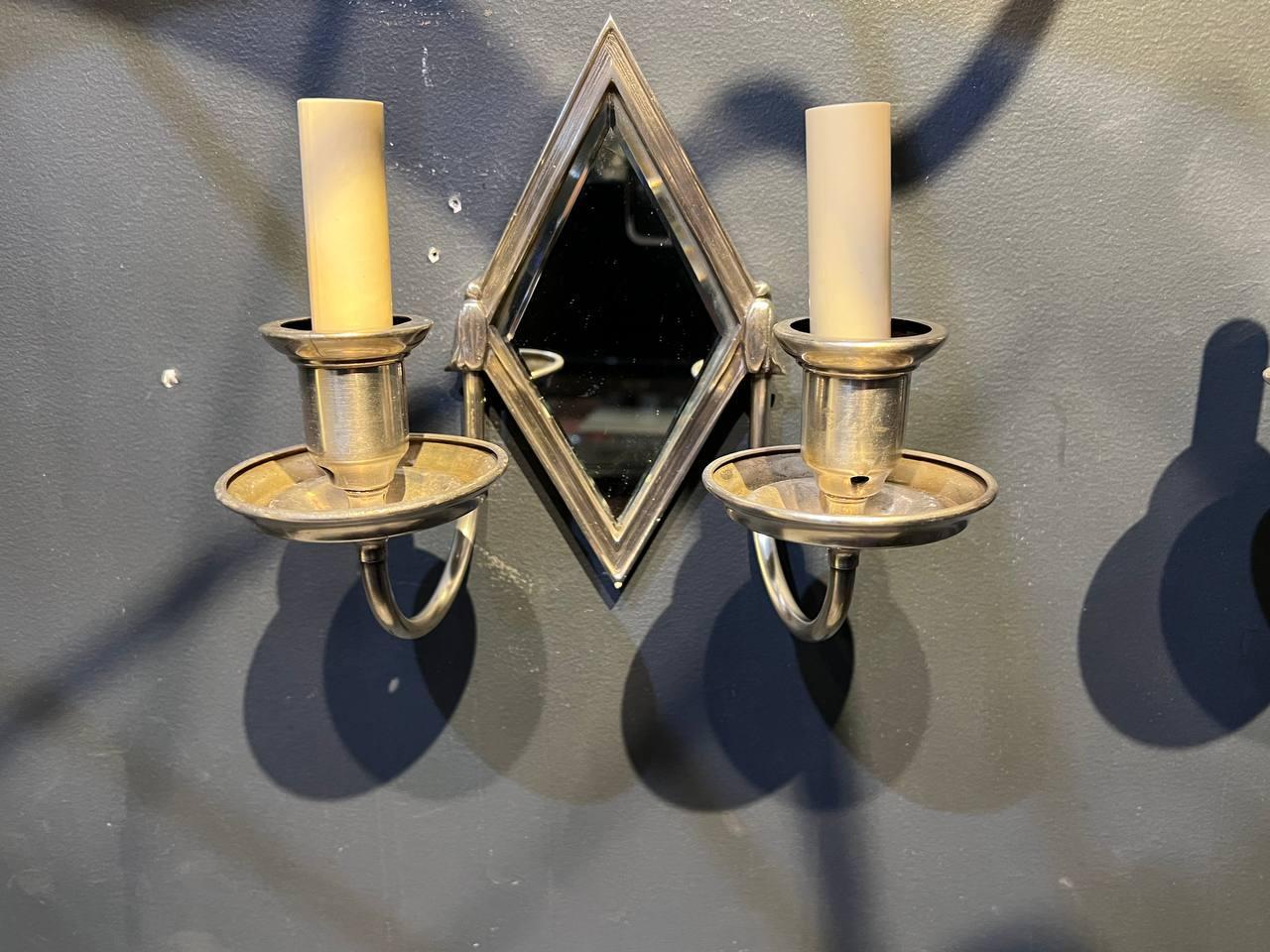 American Pair of 1920's Caldwell Diamond Shape Mirror Small Sconces For Sale