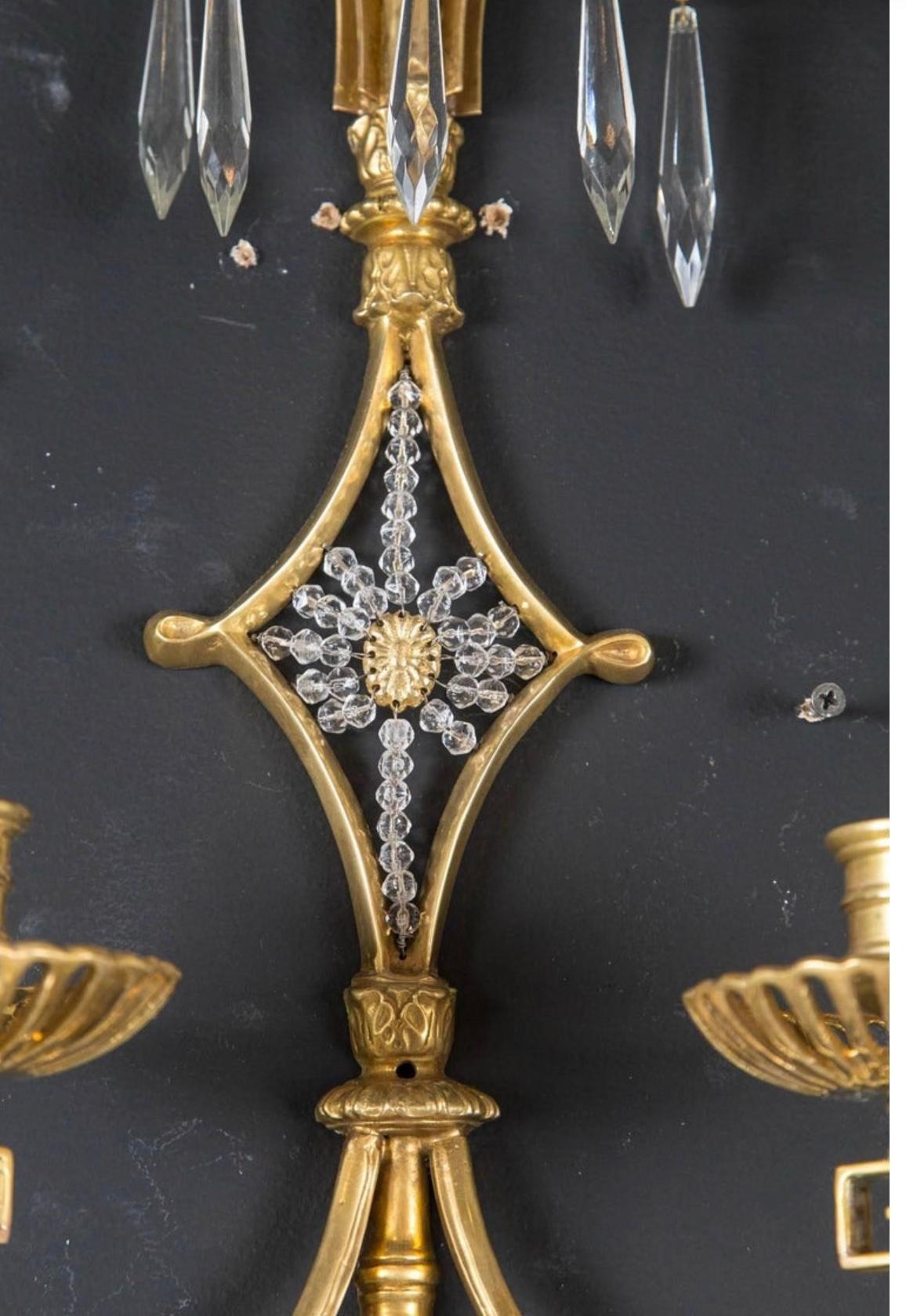 1920's Caldwell Gilt Bronze Sconces with Crystals  In Good Condition For Sale In New York, NY