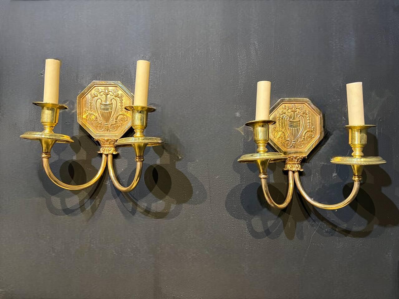 1920's Caldwell Gilt Bronze 2 Lights  Neoclassic Sconces In Good Condition For Sale In New York, NY
