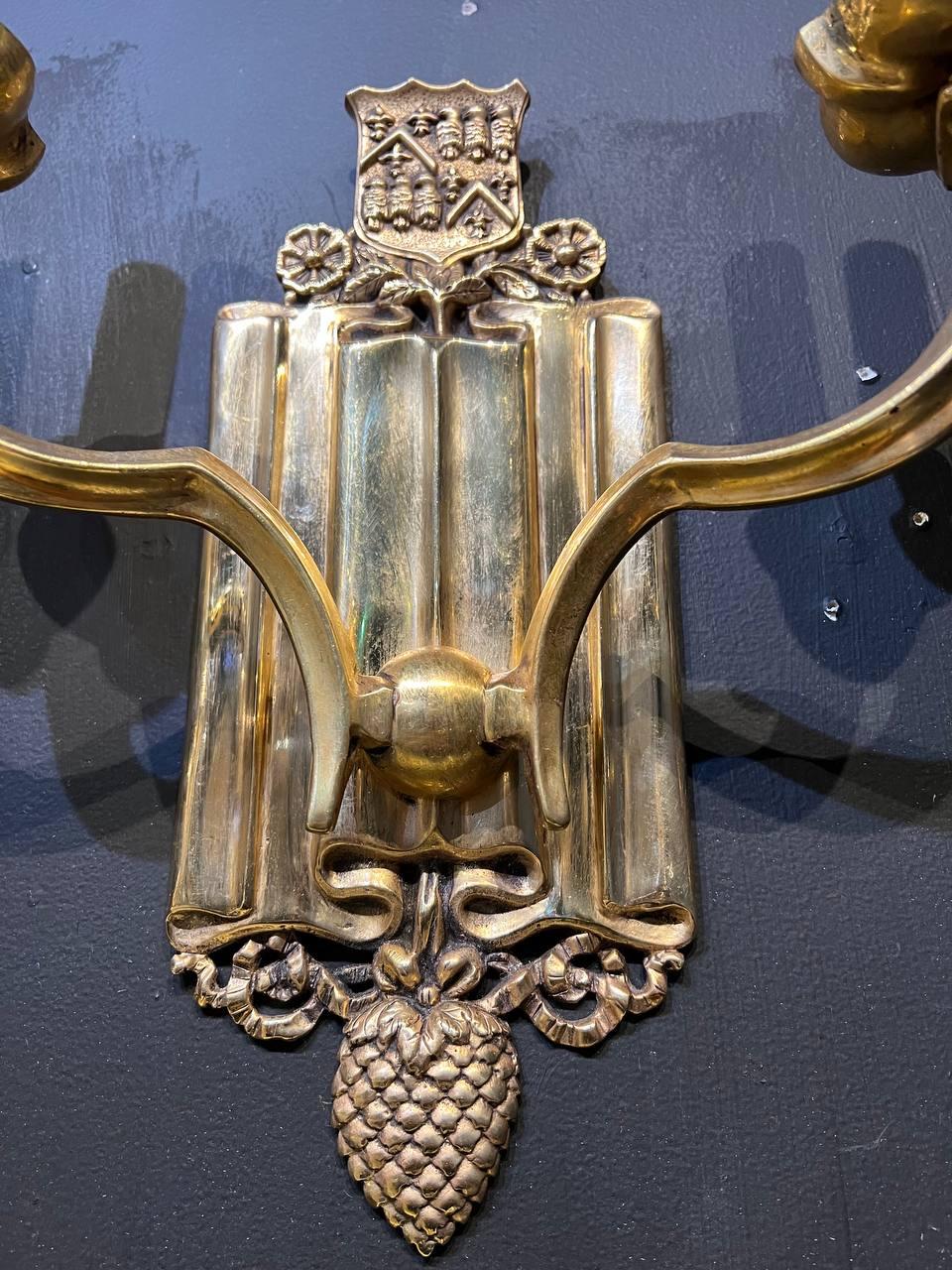 1920’s Caldwell Gilt Bronze Sconces with Shield design  In Good Condition For Sale In New York, NY