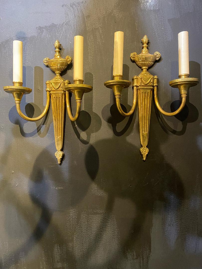 Early 20th Century 1920's Caldwell Gilt Bronze Double Lights Sconces For Sale