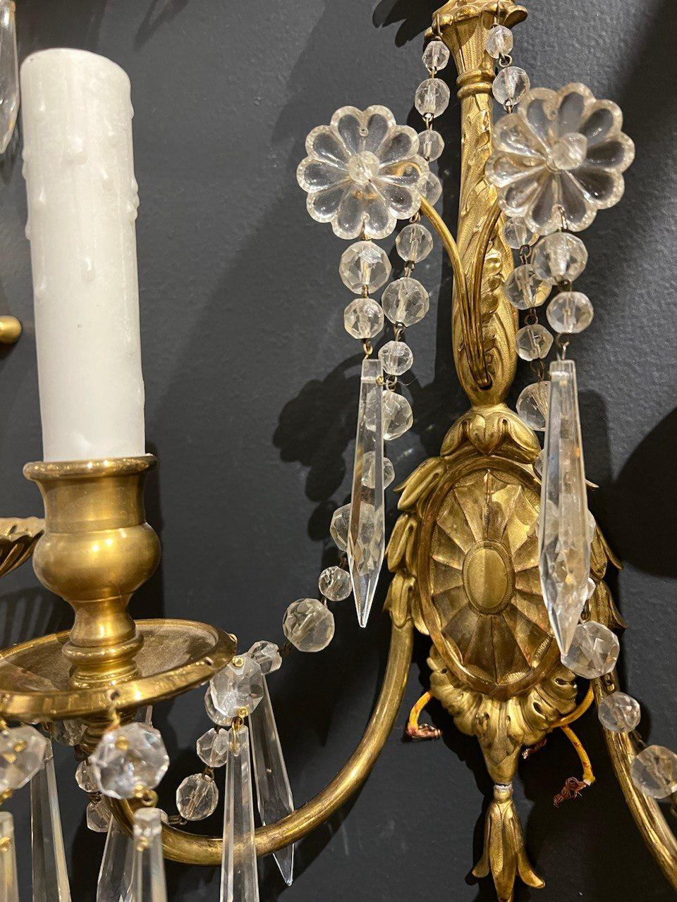 1920's Caldwell Gilt Bronze Sconces with Crystal Hangings In Good Condition For Sale In New York, NY