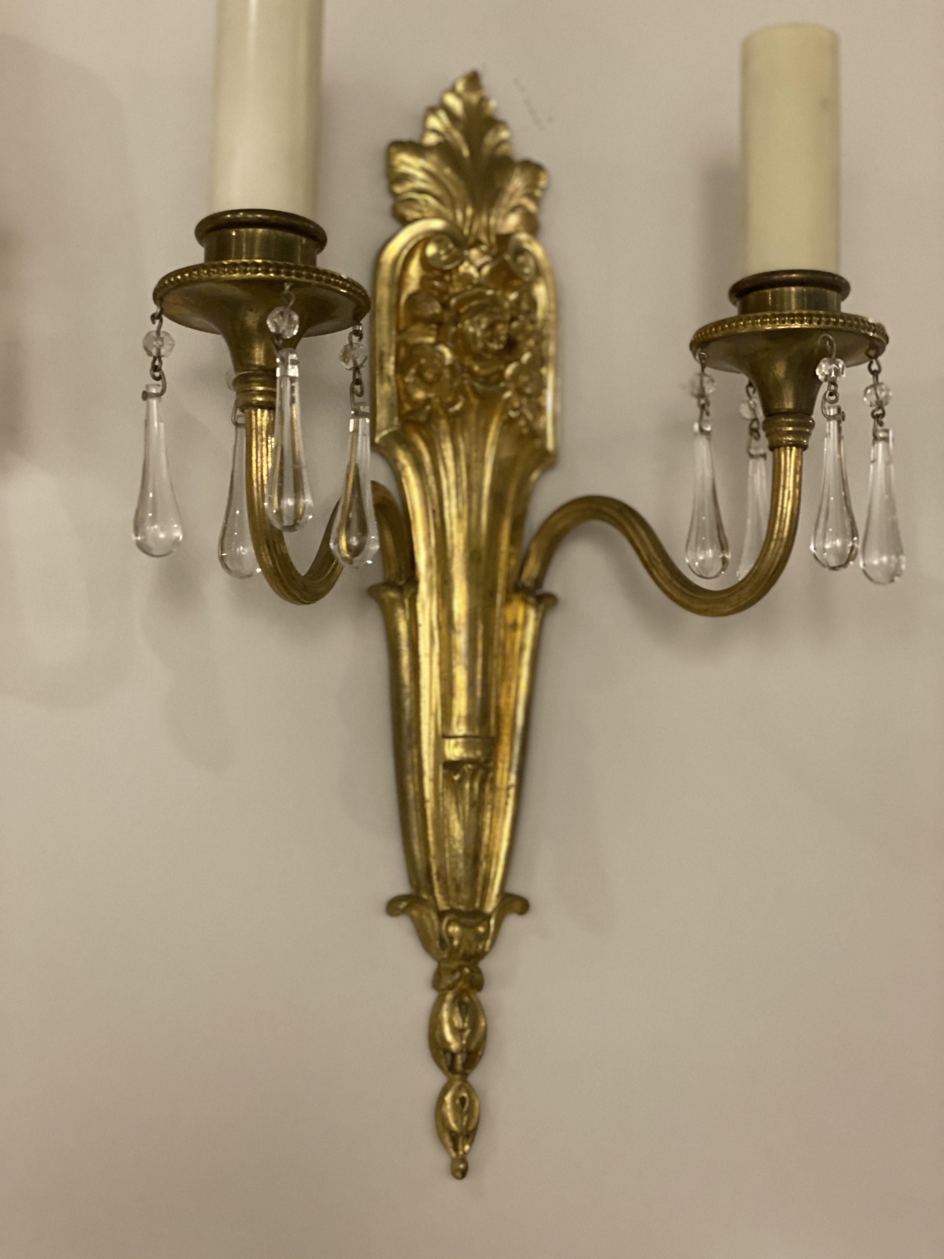 American 1920's Caldwell Double Lights Sconces with Hanging Crystals For Sale