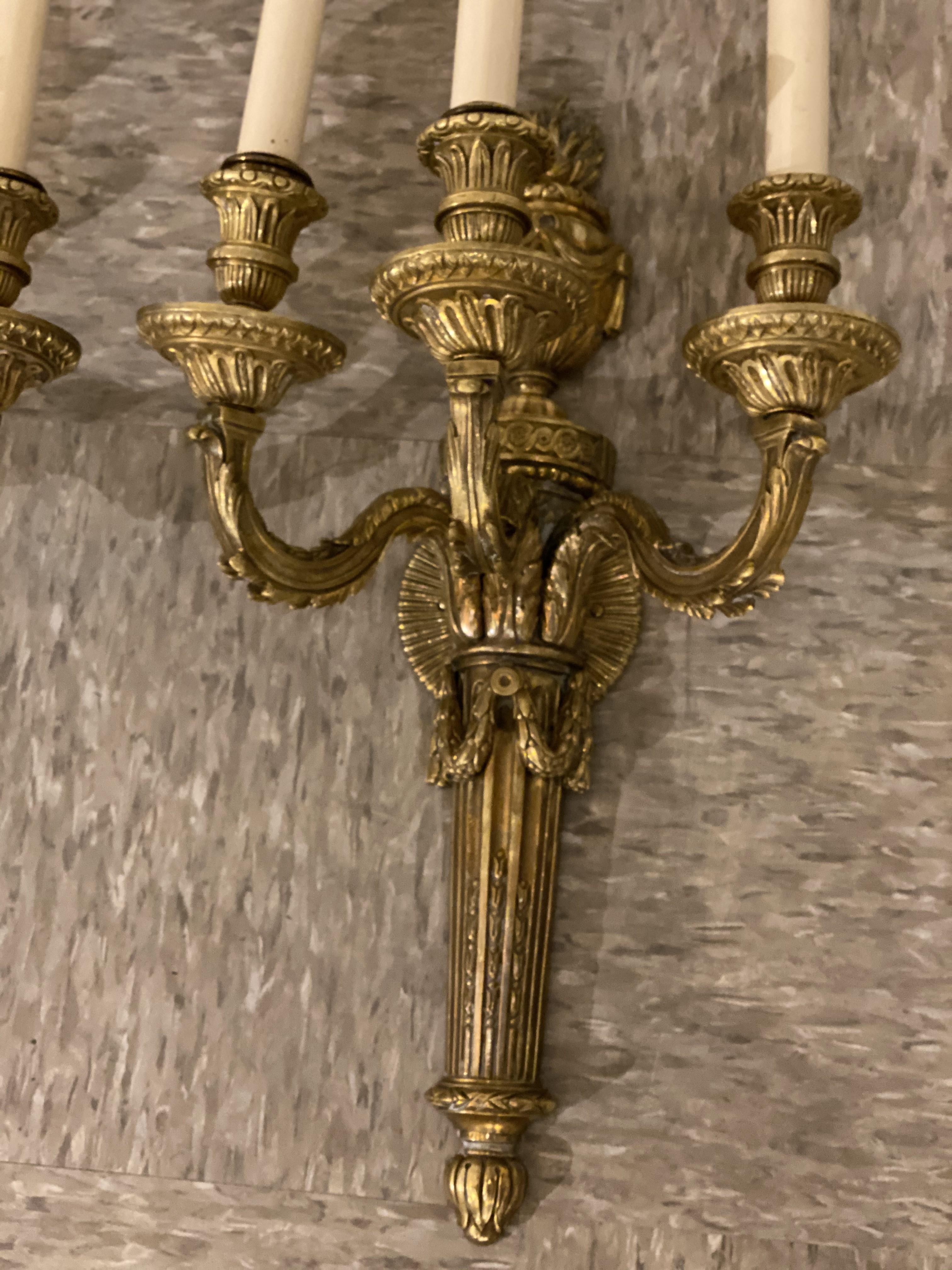 1920's Large Caldwell Bronze 3 Lights Sconces Luise XVI style In Good Condition For Sale In New York, NY