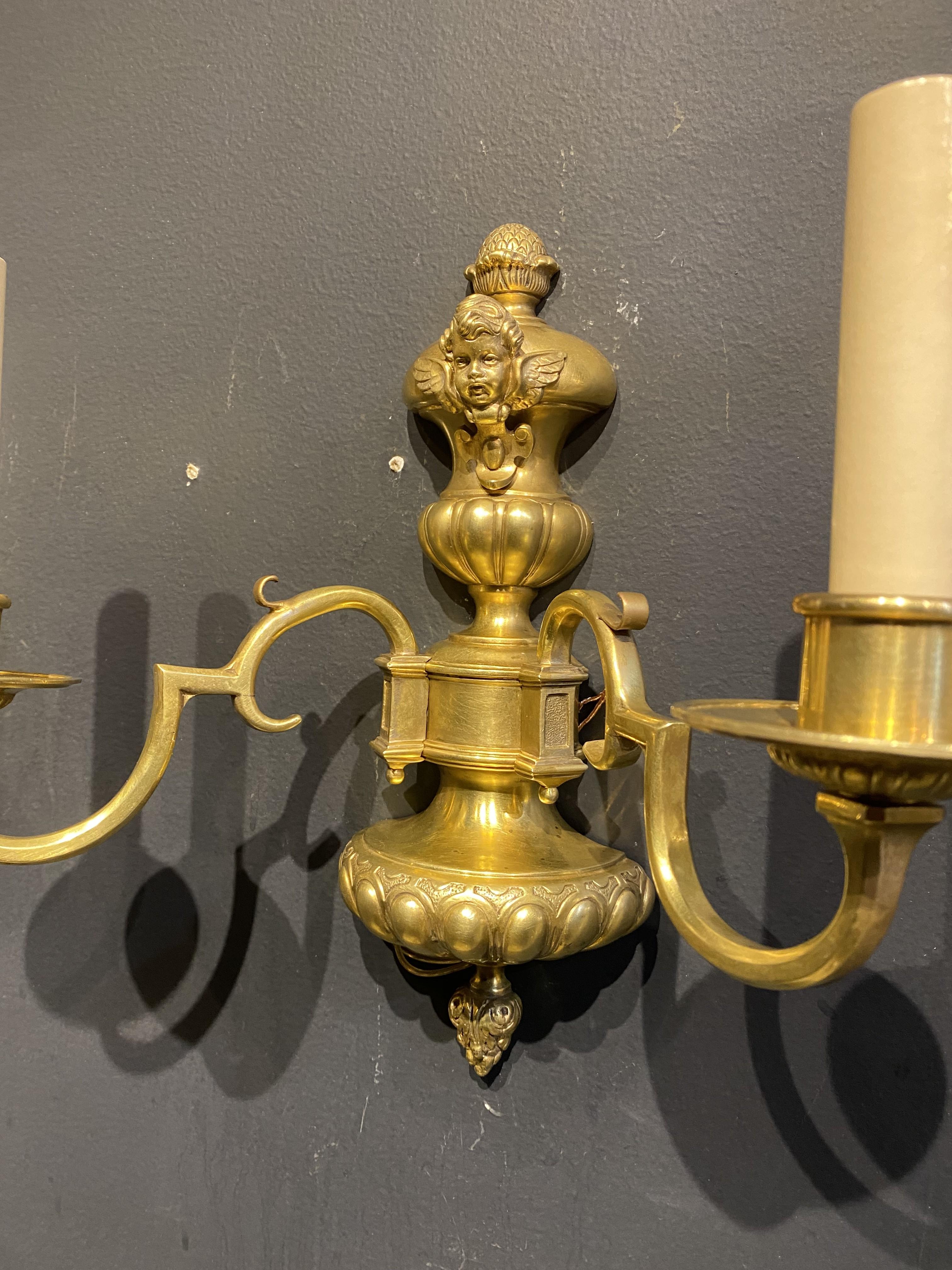 Early 20th Century Pair 1920's Caldwell Gilt Bronze Sconces with Cherub For Sale