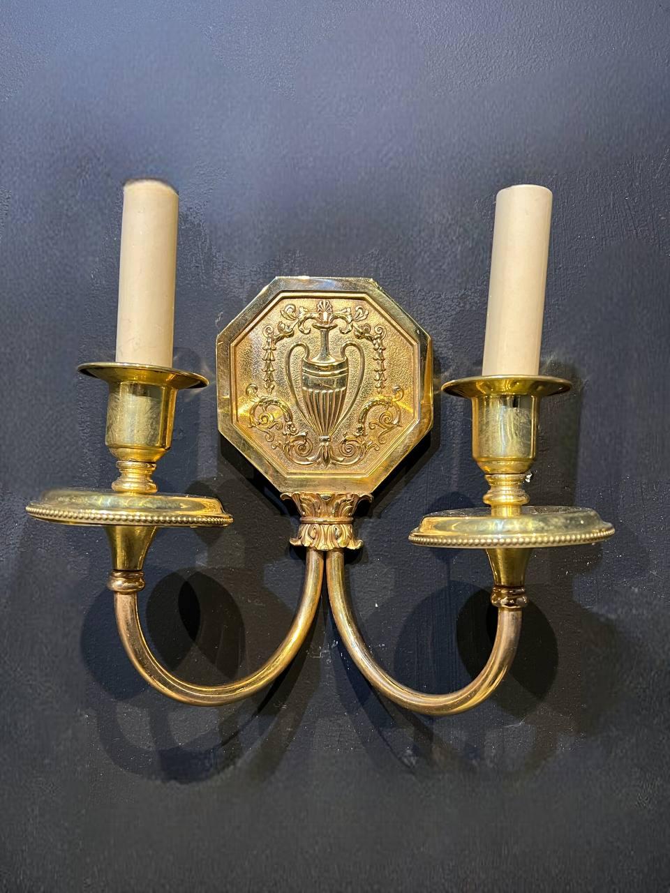 Early 20th Century 1920's Caldwell Gilt Bronze 2 Lights  Neoclassic Sconces For Sale