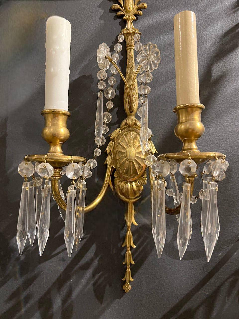 Early 20th Century 1920's Caldwell Gilt Bronze Sconces with Crystal Hangings For Sale