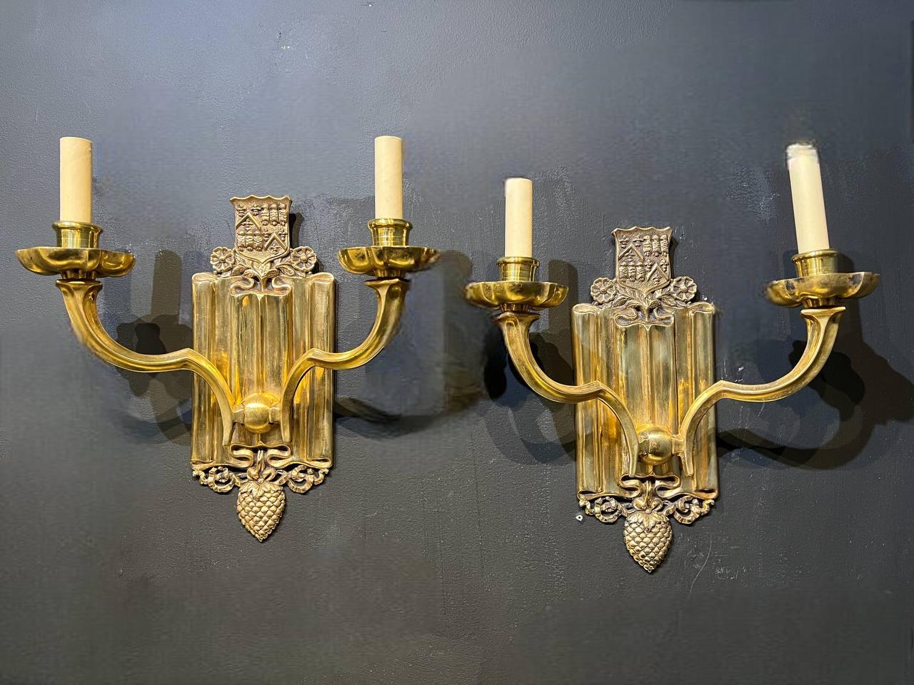 1920’s Caldwell Gilt Bronze Sconces with Shield design  For Sale 1