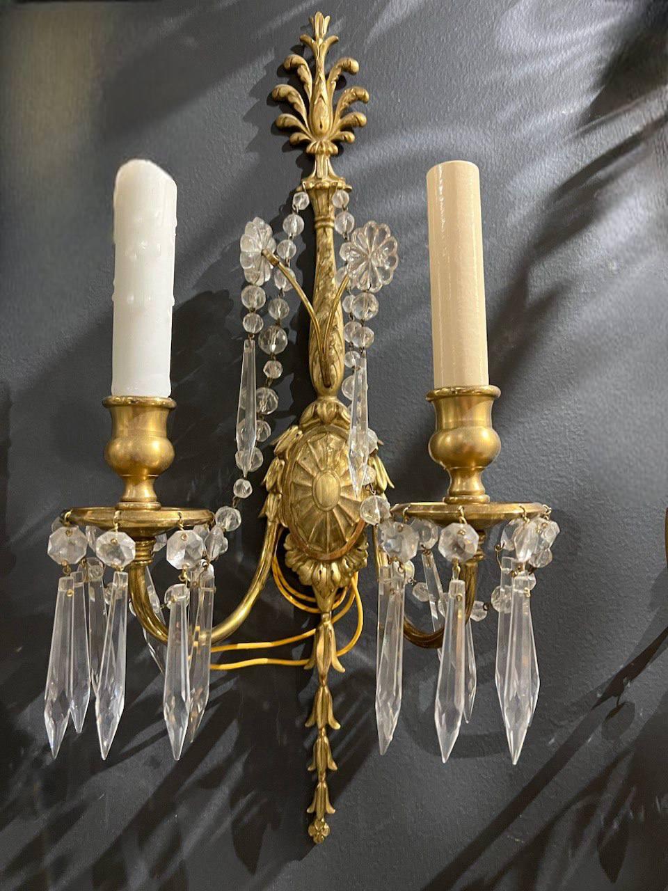 1920's Caldwell Gilt Bronze Sconces with Crystal Hangings For Sale 1