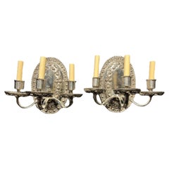 Pair of 1920's Caldwell Silver Plated 3 Lights Sconces