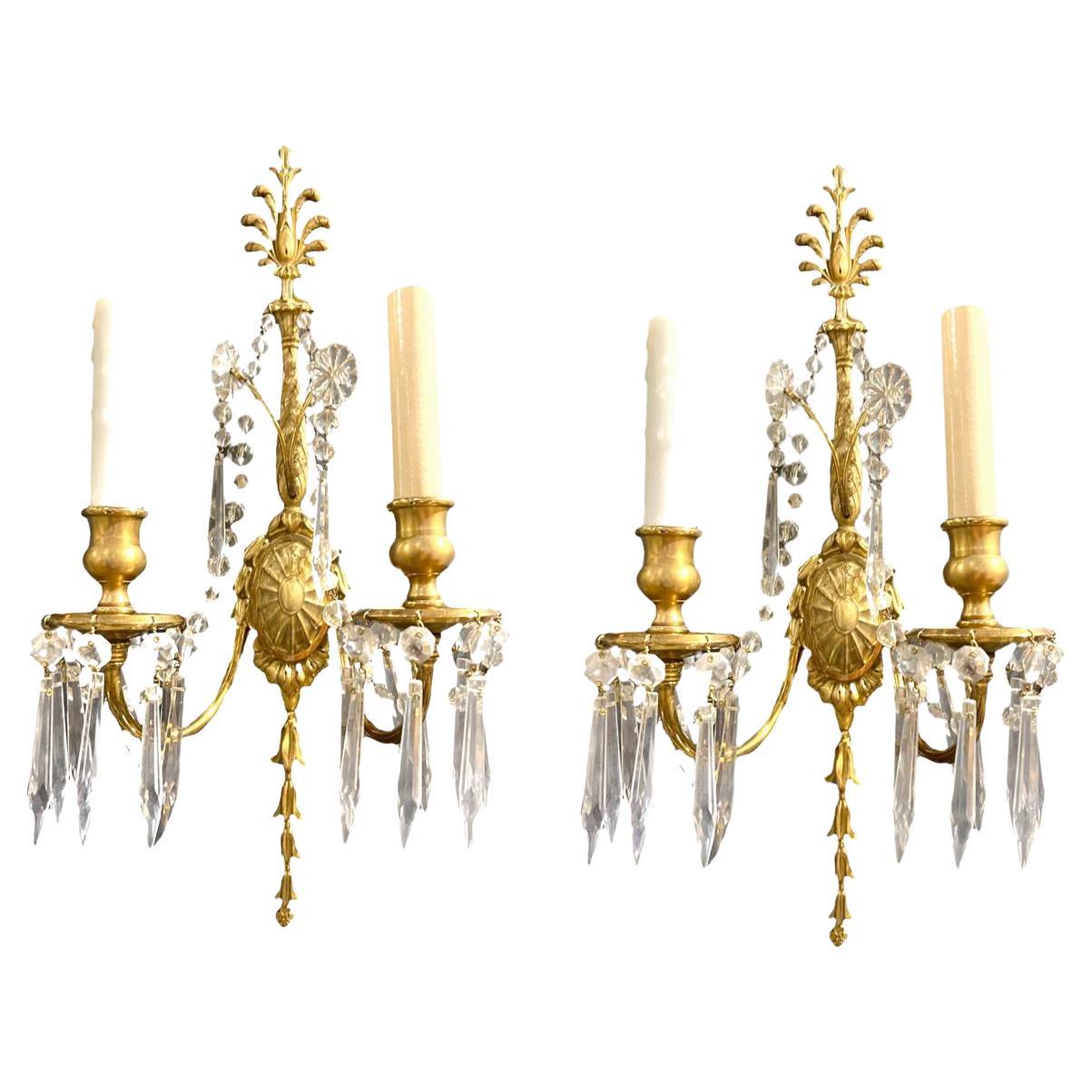 1920's Caldwell Gilt Bronze Sconces with Crystal Hangings