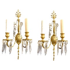 Antique 1920's Caldwell Gilt Bronze Sconces with Crystal Hangings