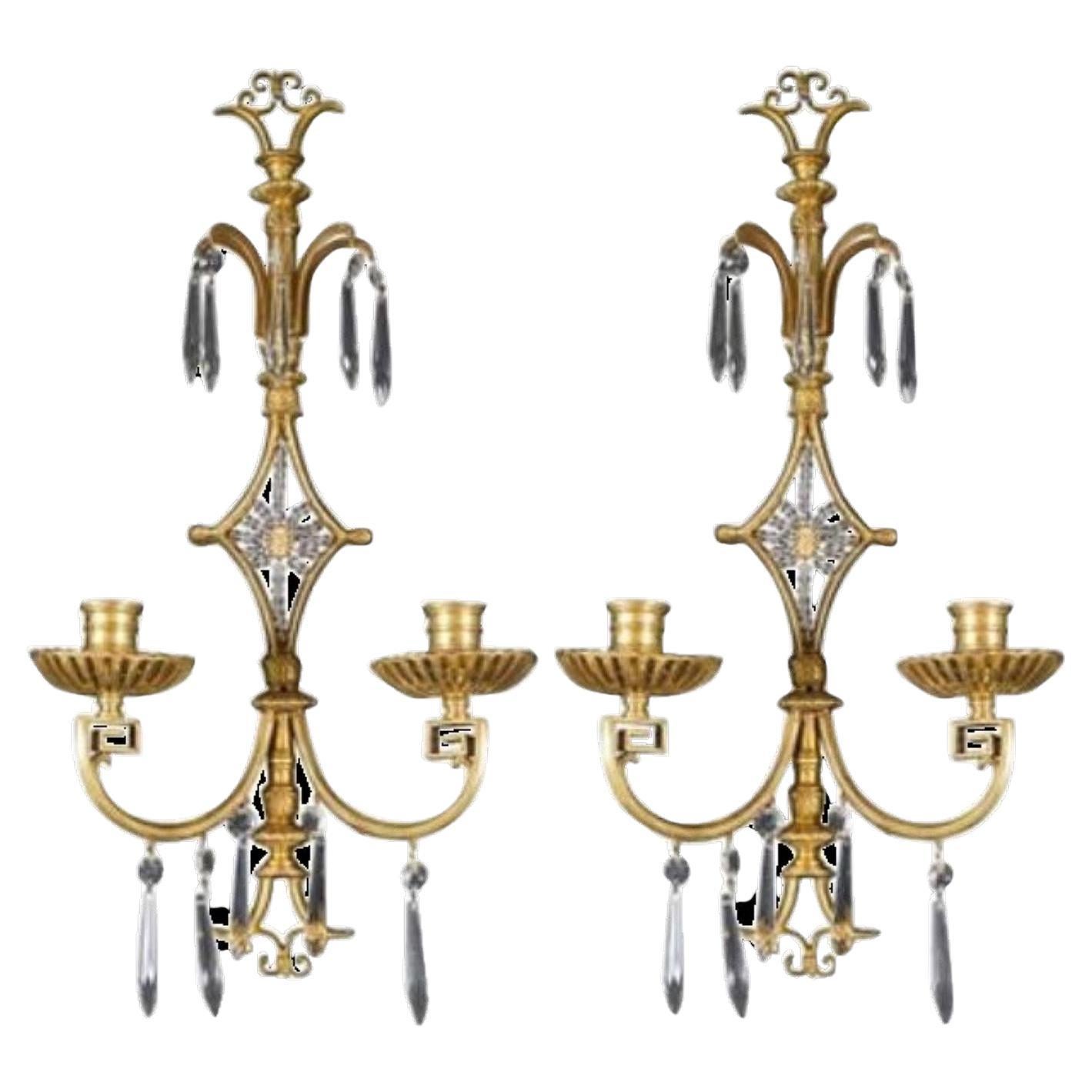 1920's Caldwell Gilt Bronze Sconces with Crystals  For Sale