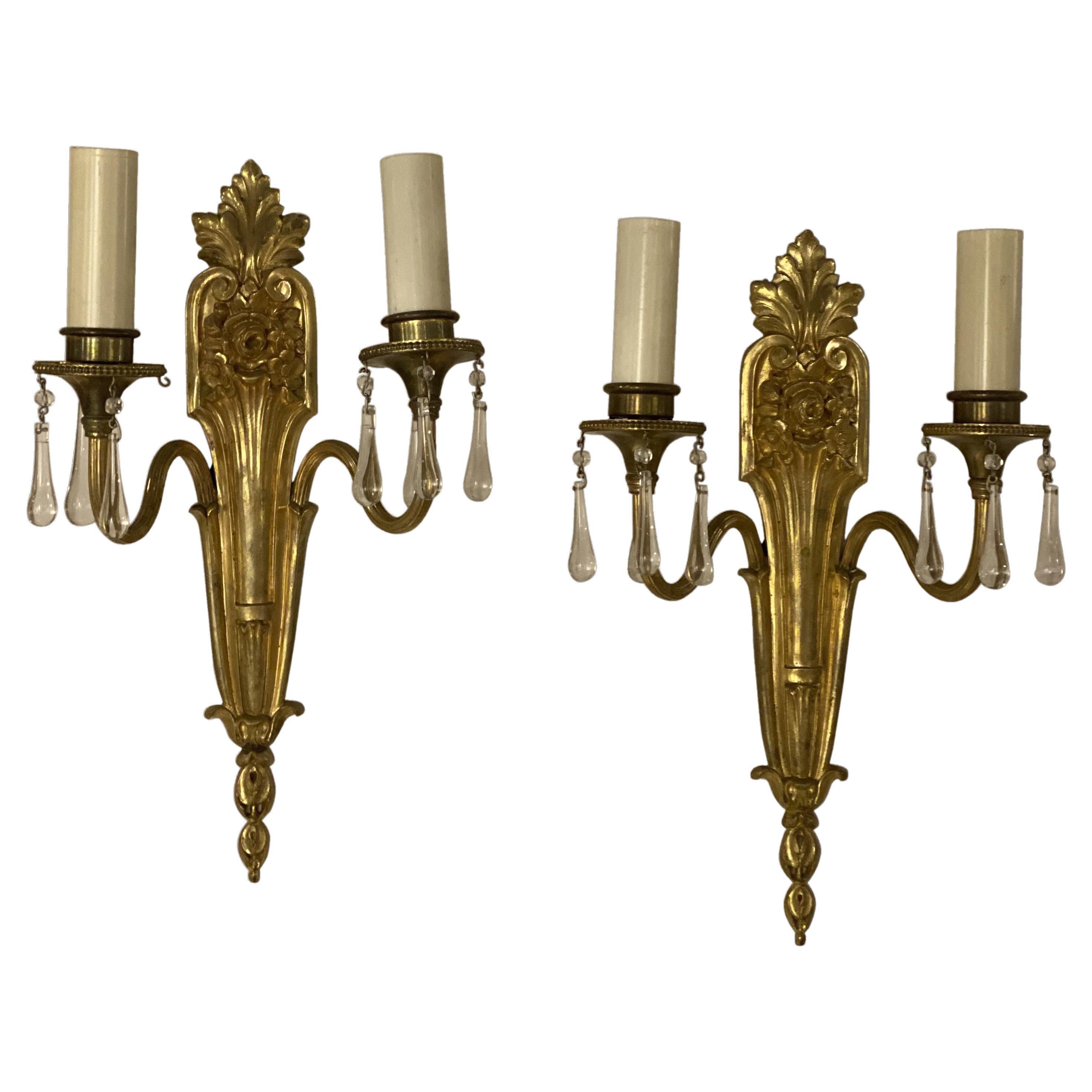 1920's Caldwell Double Lights Sconces with Hanging Crystals For Sale