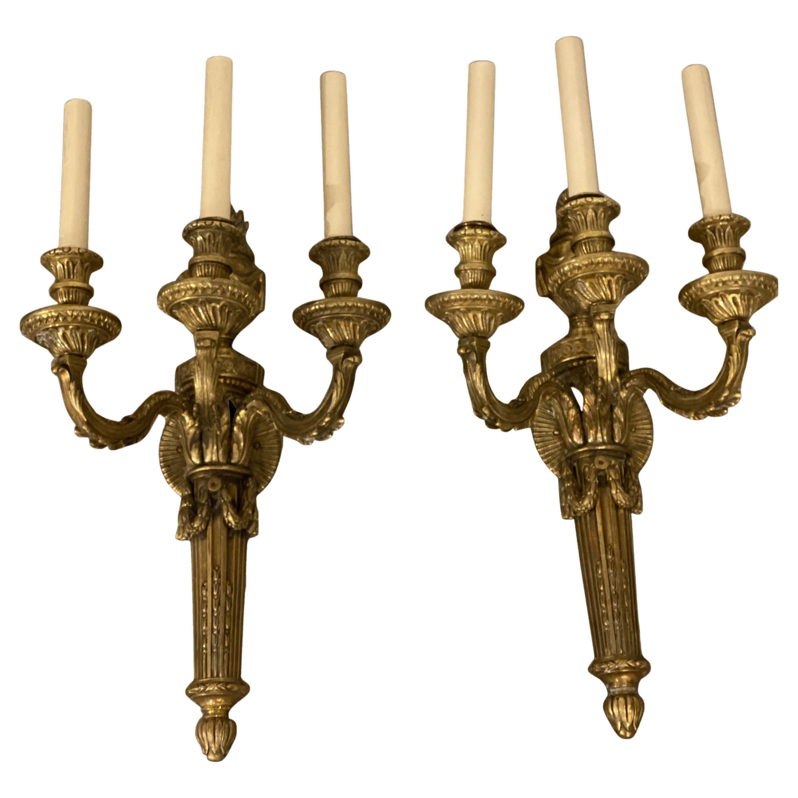 1920's Large Caldwell Bronze 3 Lights Sconces Luise XVI style For Sale