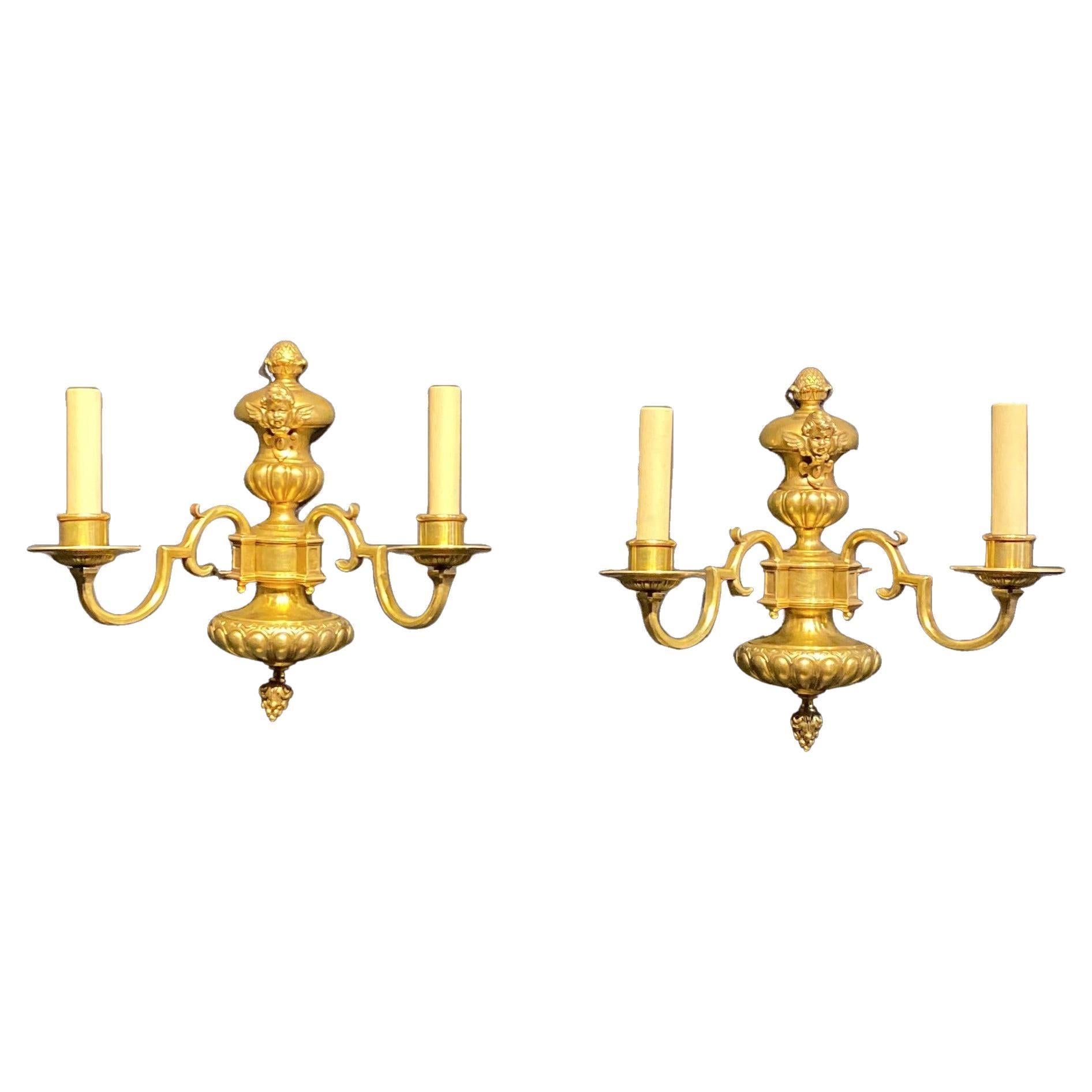 Pair 1920's Caldwell Gilt Bronze Sconces with Cherub