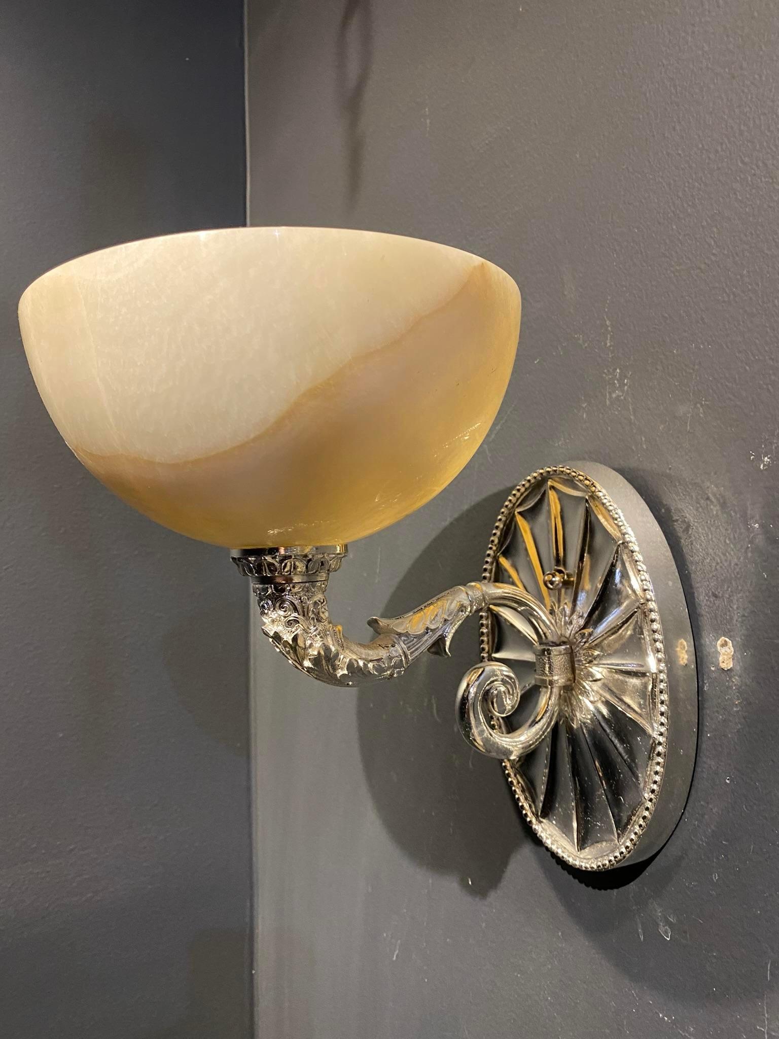 American 1920's Caldwell Silver Plated Sconces with Alabaster Shade For Sale