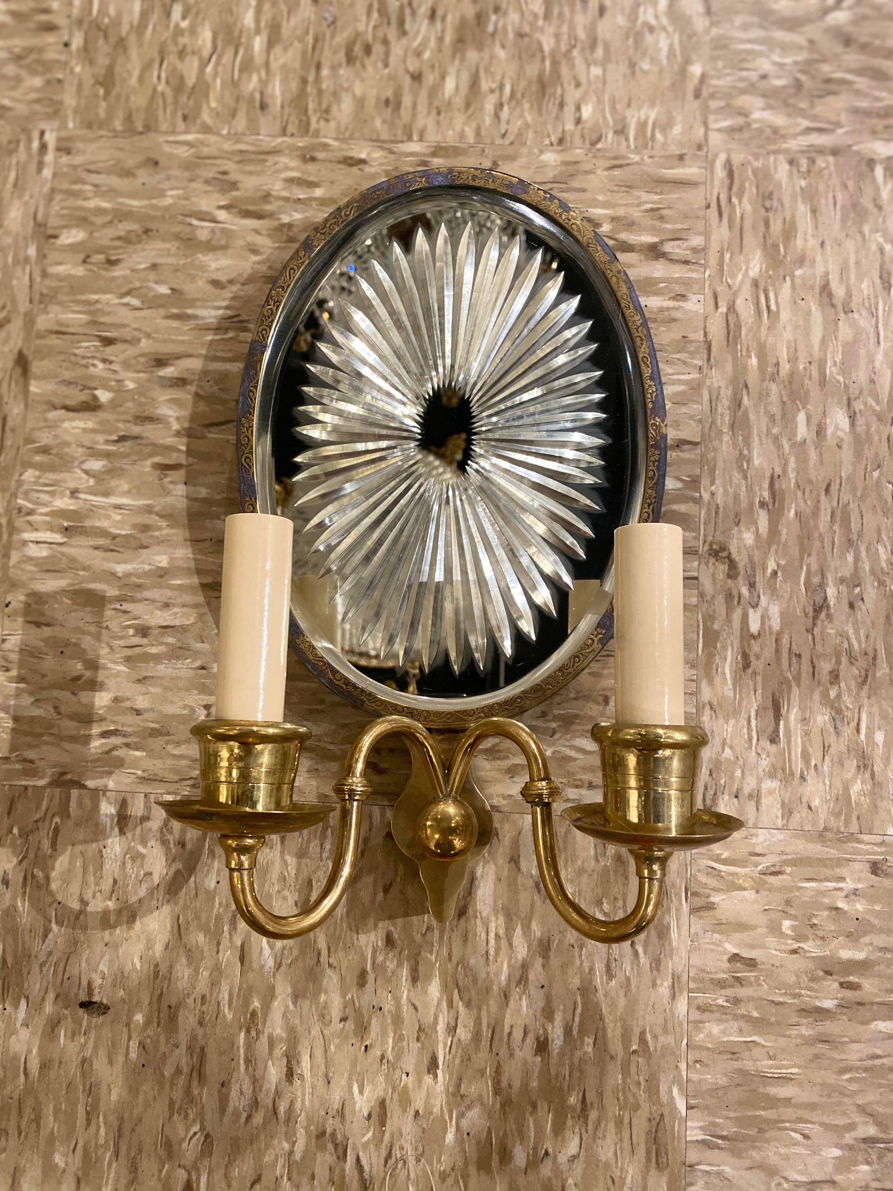 Etched 1920's Caldwell Double Lights Sconces with Mirror Backplate For Sale