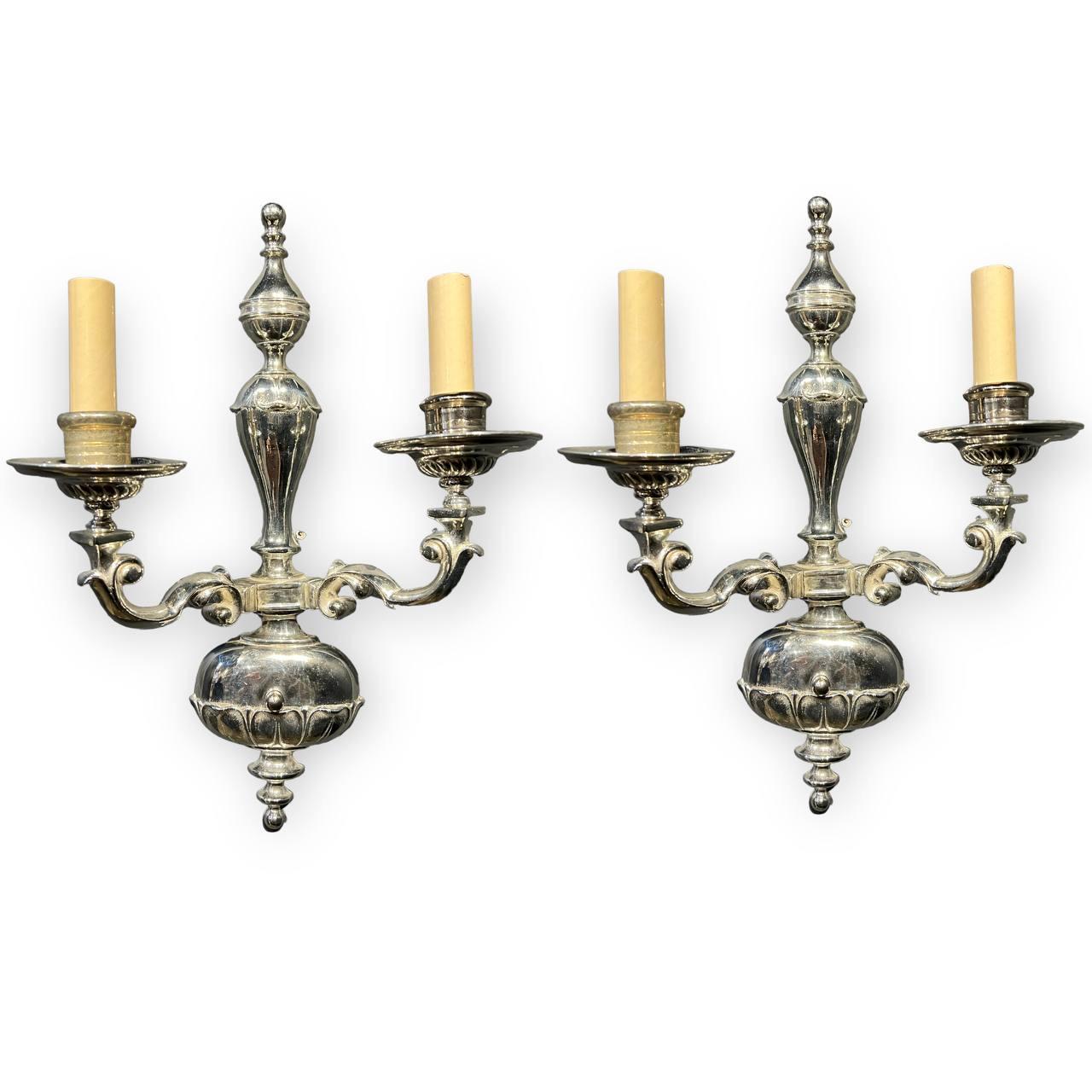 Adam Style 1920's Caldwell Silver Plated Double Light Sconces For Sale