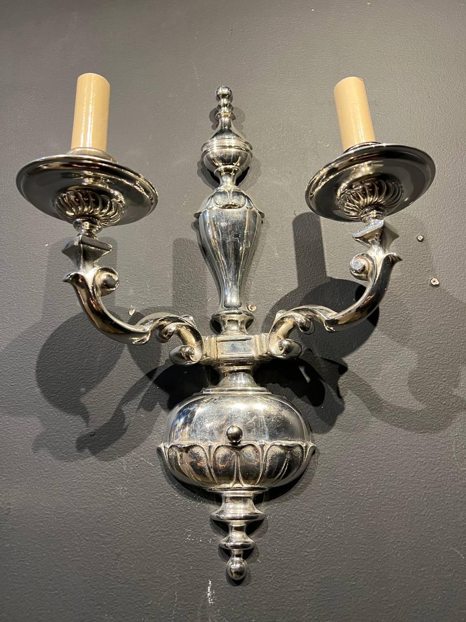 American 1920's Caldwell Silver Plated Double Light Sconces For Sale