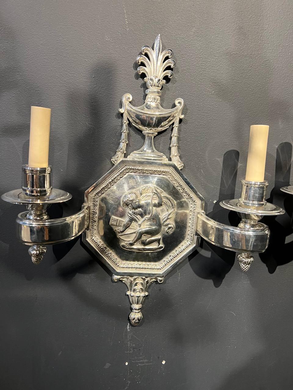 1920's Caldwell Silver Plated Cherubs Sconces In Good Condition For Sale In New York, NY