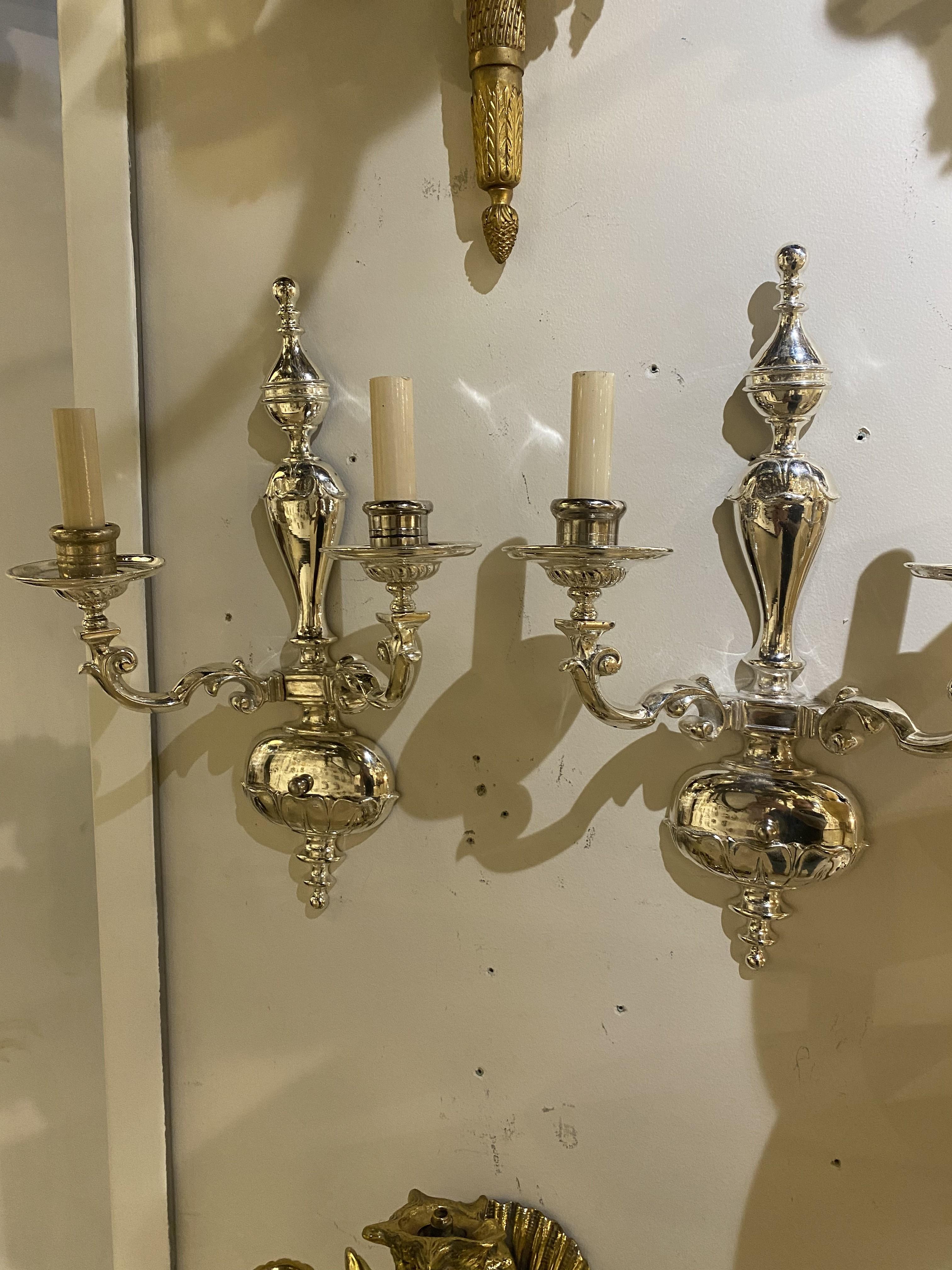 1920's Caldwell Silver Plated Double Light Sconces In Good Condition For Sale In New York, NY