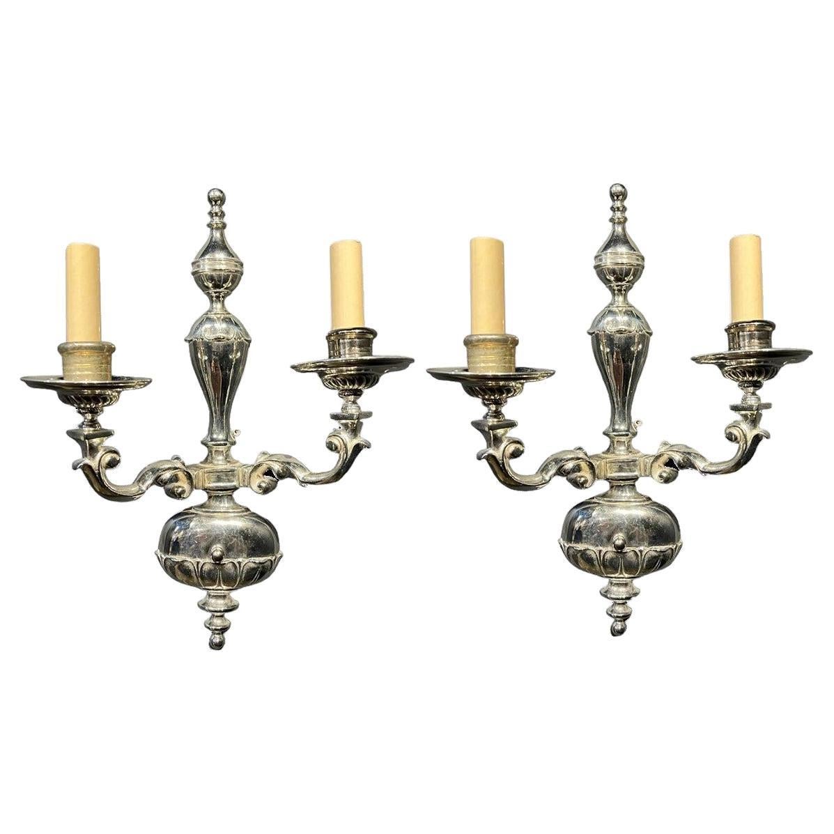 1920's Caldwell Silver Plated Double Light Sconces For Sale