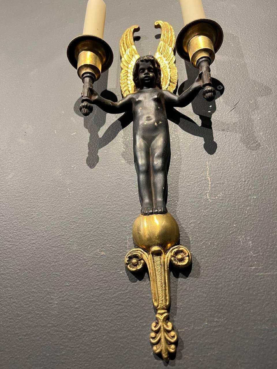 Early 20th Century 1920's French Empire Black Cherubs Sconces For Sale