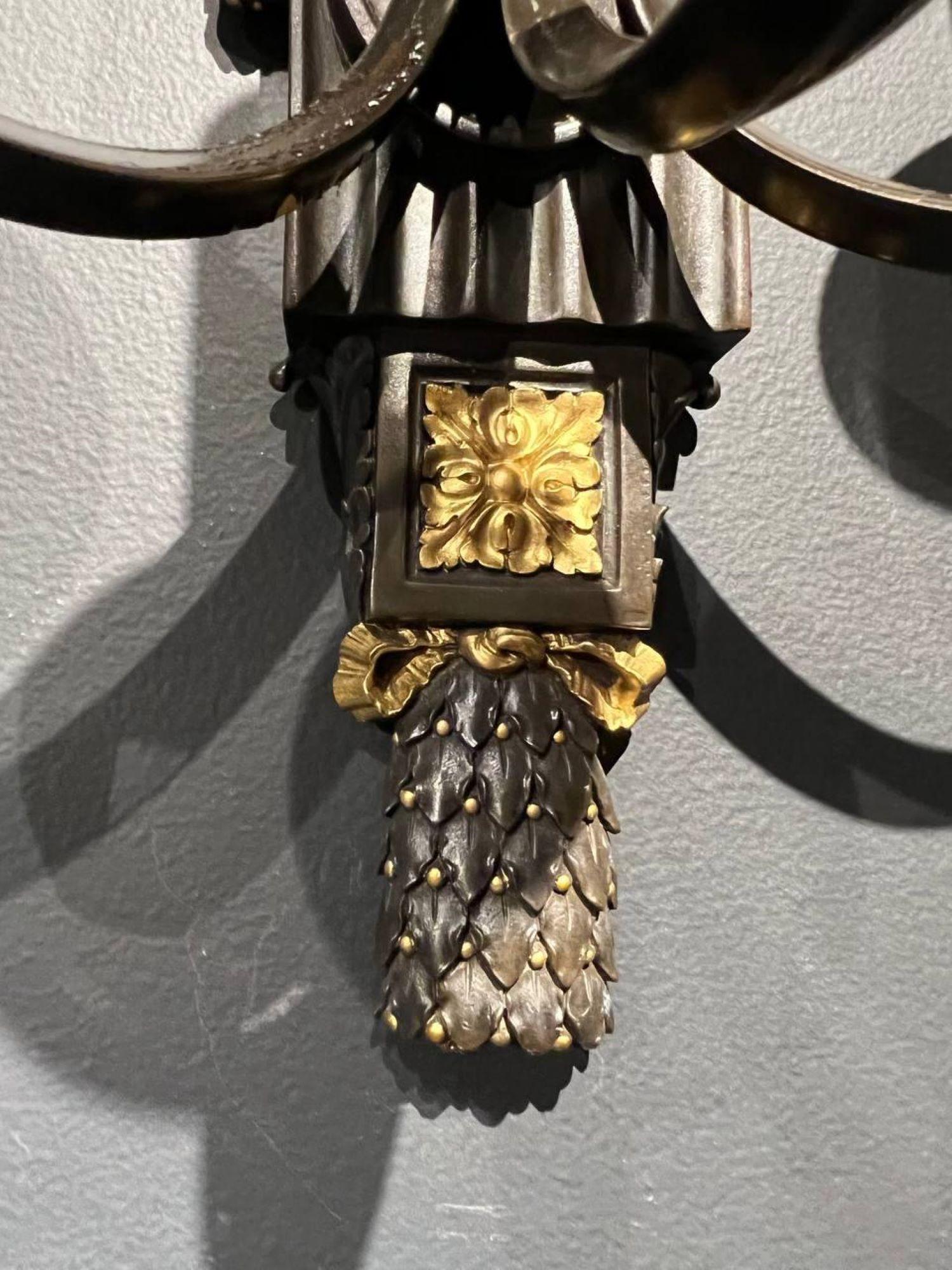 Neoclassical 1920's Gilt and Brown Patinated Bronze Sconces with 3 Lights For Sale