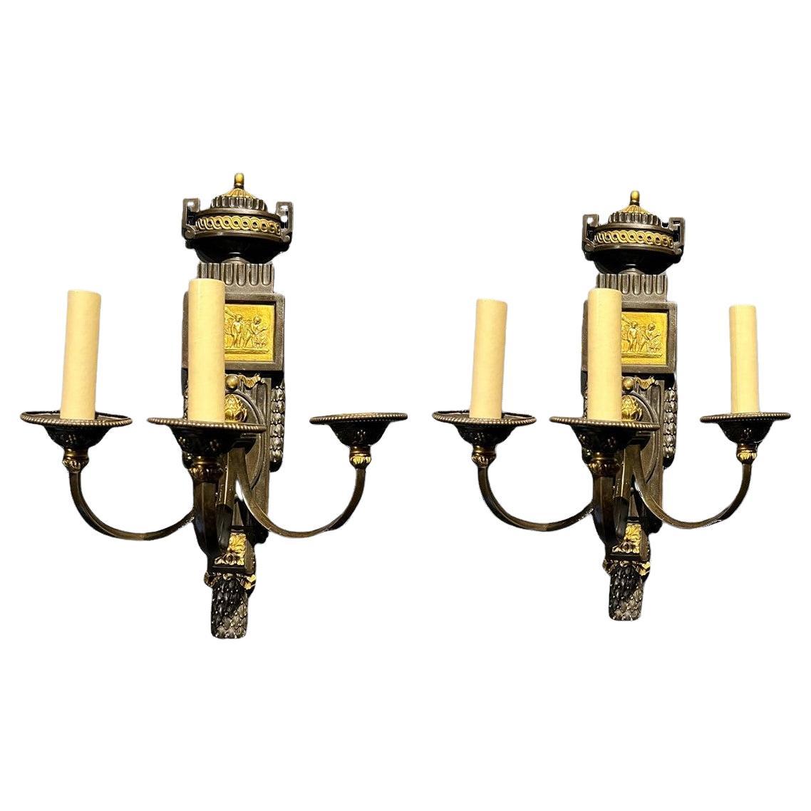 1920's Gilt and Brown Patinated Bronze Sconces with 3 Lights For Sale